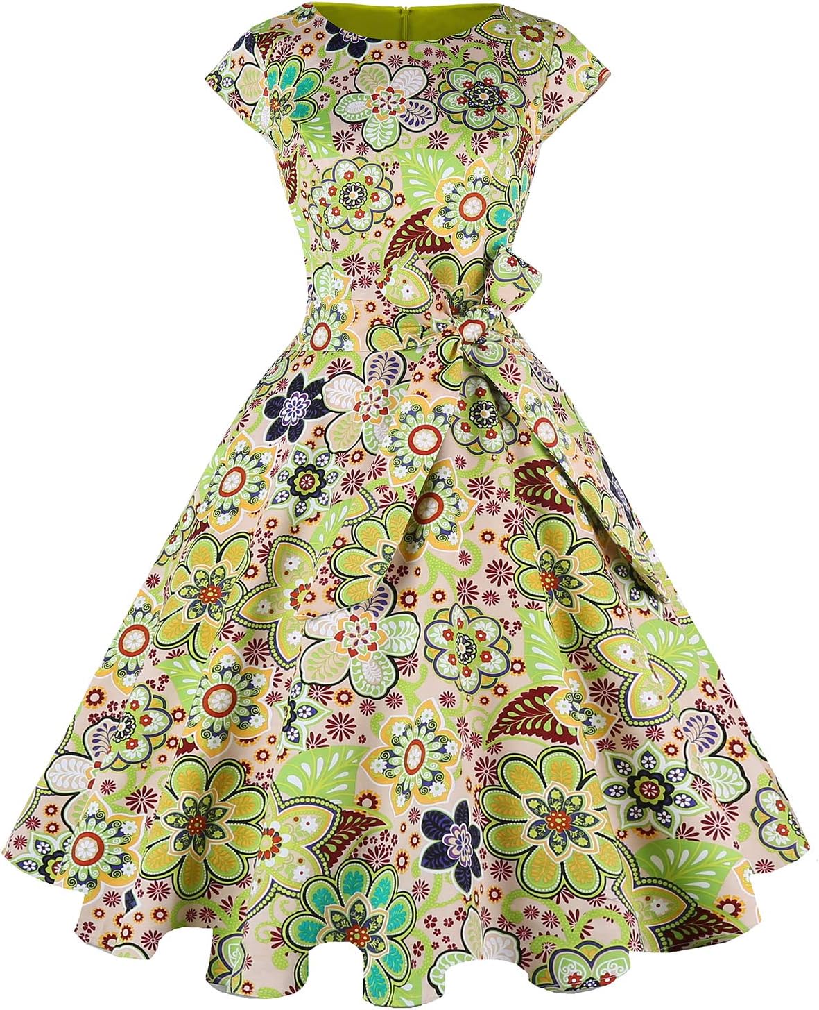 PUKAVT Women's 1950 Boatneck Cap Sleeve Vintage Swing Cocktail Party Dress with Pockets