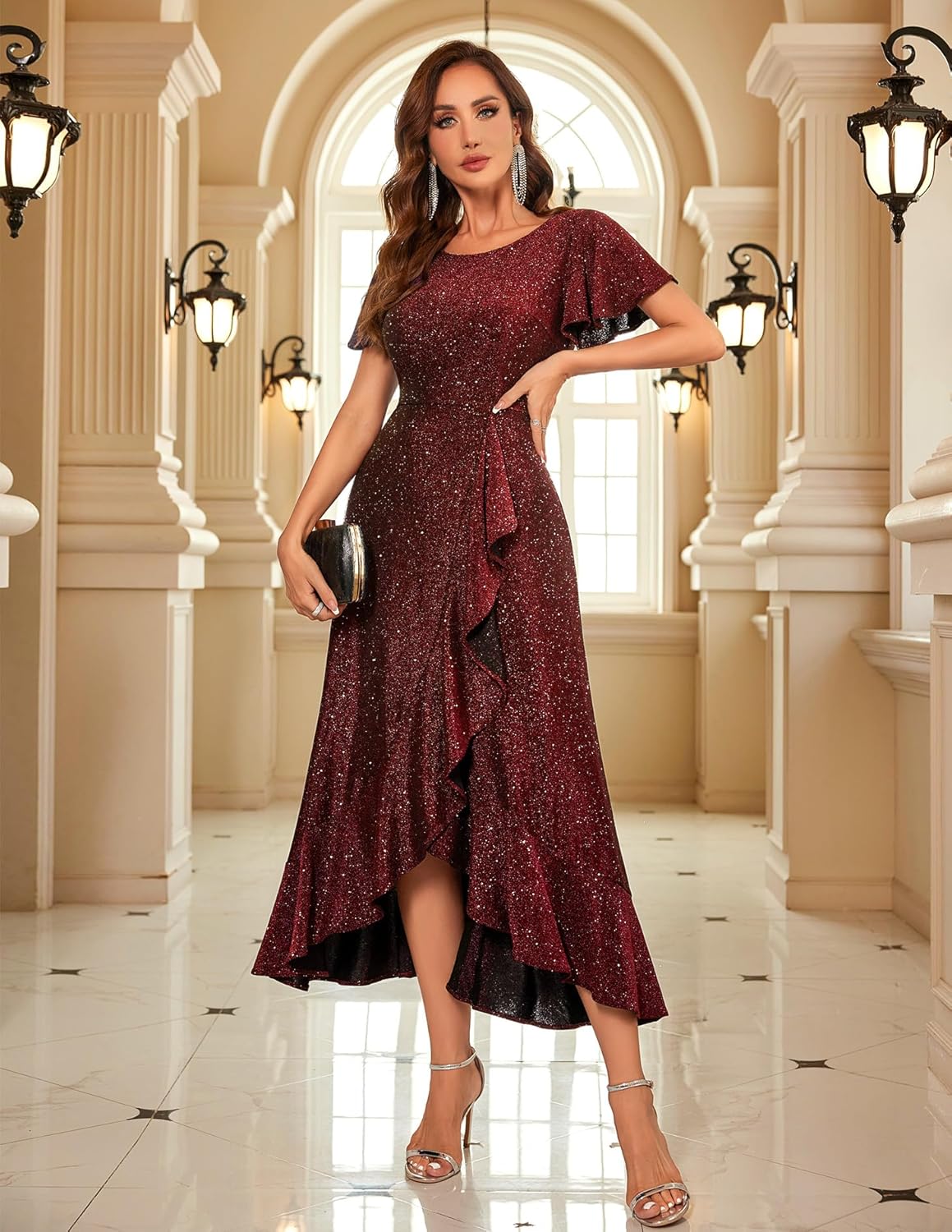 BeryLove Women Sequin Formal Party Dress Flutter Short Sleeve Wedding Cocktail Long Evening Dress