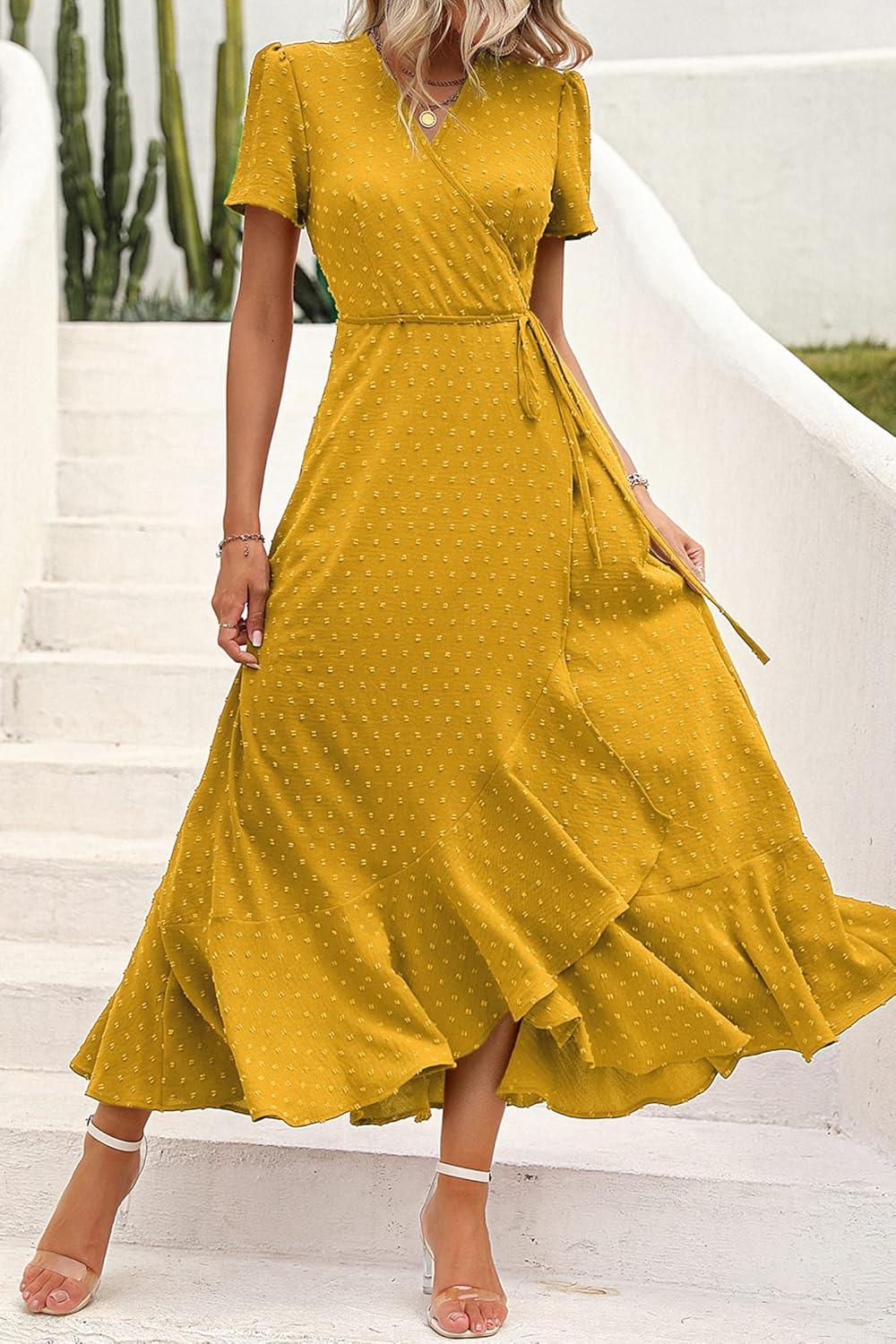 PRETTYGARDEN Women's Summer Wrap Maxi Dress Casual Short Sleeve Floral Boho V Neck Split Ruffle Beach Long Dresses