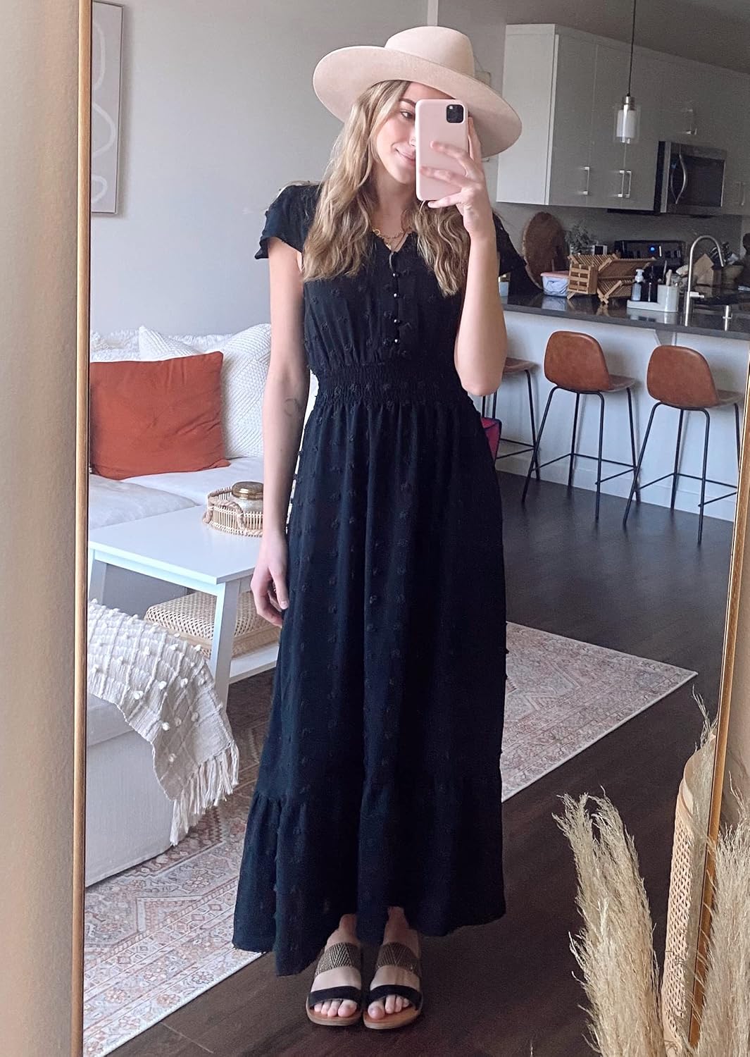 PRETTYGARDEN Womens Dresses 2025 Summer Maxi Dress Boho Short Sleeve V Neck Swiss Dot Ruffle Tiered Smocked Flowy Long Dress
