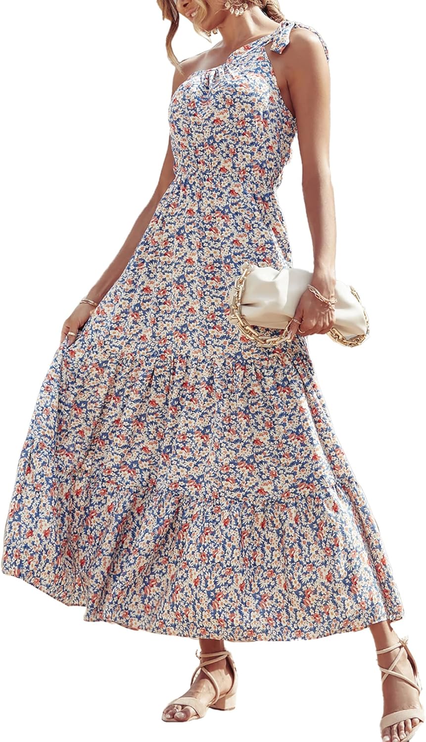 PRETTYGARDEN Women's Summer Floral Maxi Dress Knot One Shoulder Sleeveless Ruffle Flowy Boho Beach Wedding Guest Dresses