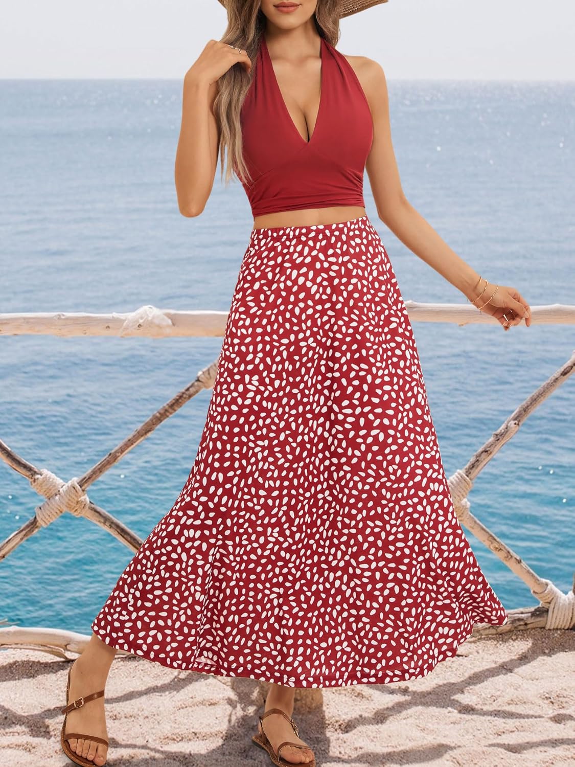 FENSACE Women's Summer Sexy 2 Pieces Floral Beach Vacation Outfits Halter Top Maxi Skirt Set