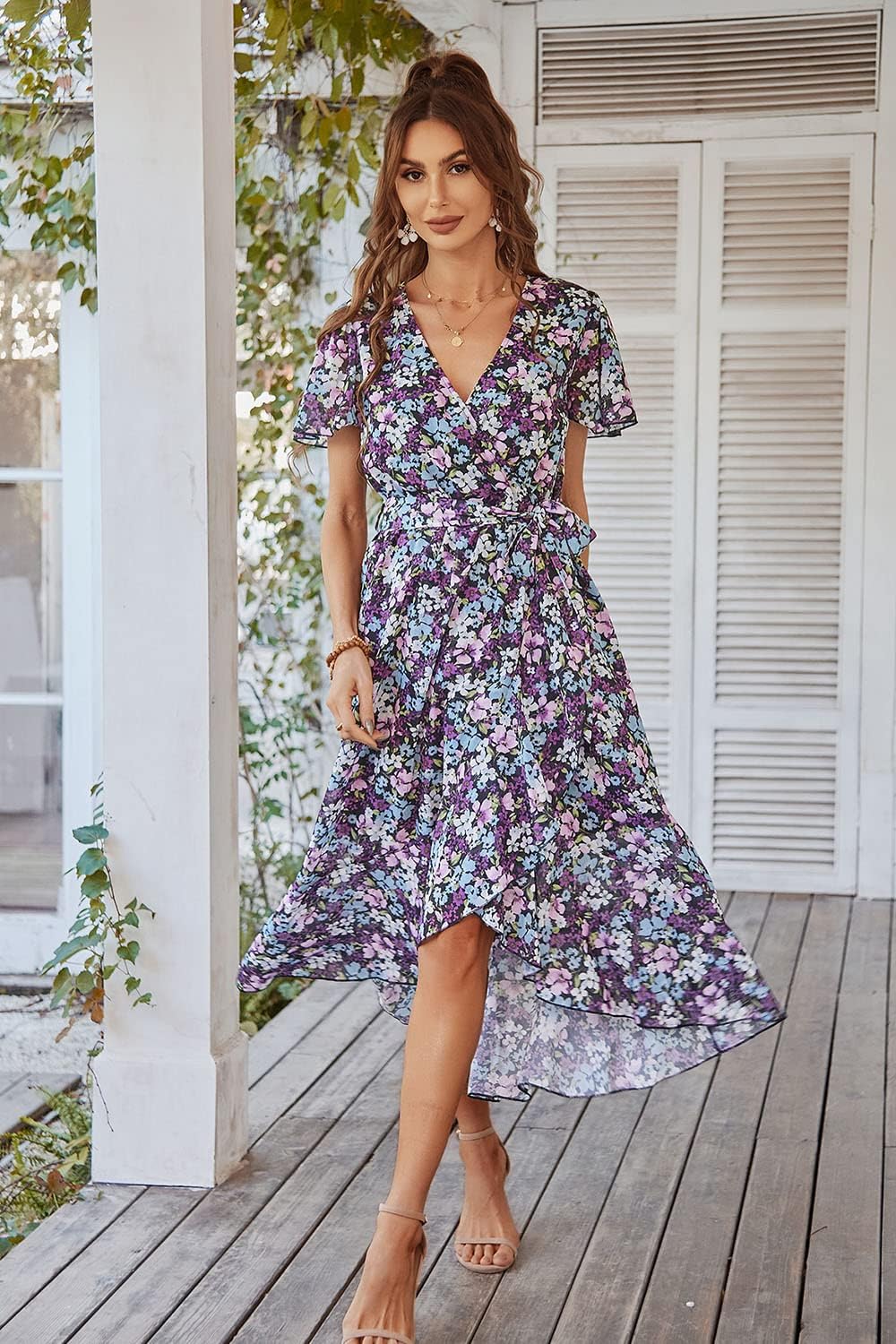 PRETTYGARDEN Women's Summer Floral Boho Dress Wrap V Neck Short Sleeve Ruffle A-Line Flowy Maxi Wedding Guest Dresses