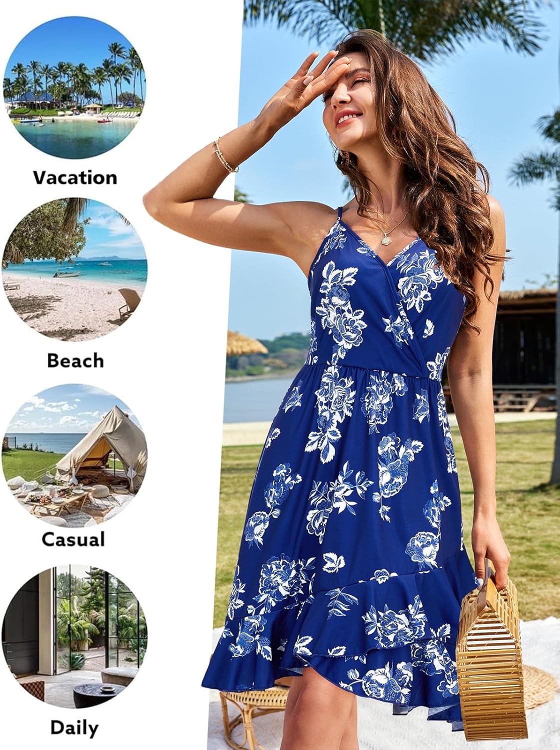 ULTRANICE Womens Summer Dresses Floral V Neck Ruffled Hem Spaghetti Spring Casual Beach Outfits Flowy Wrap Sun Dress