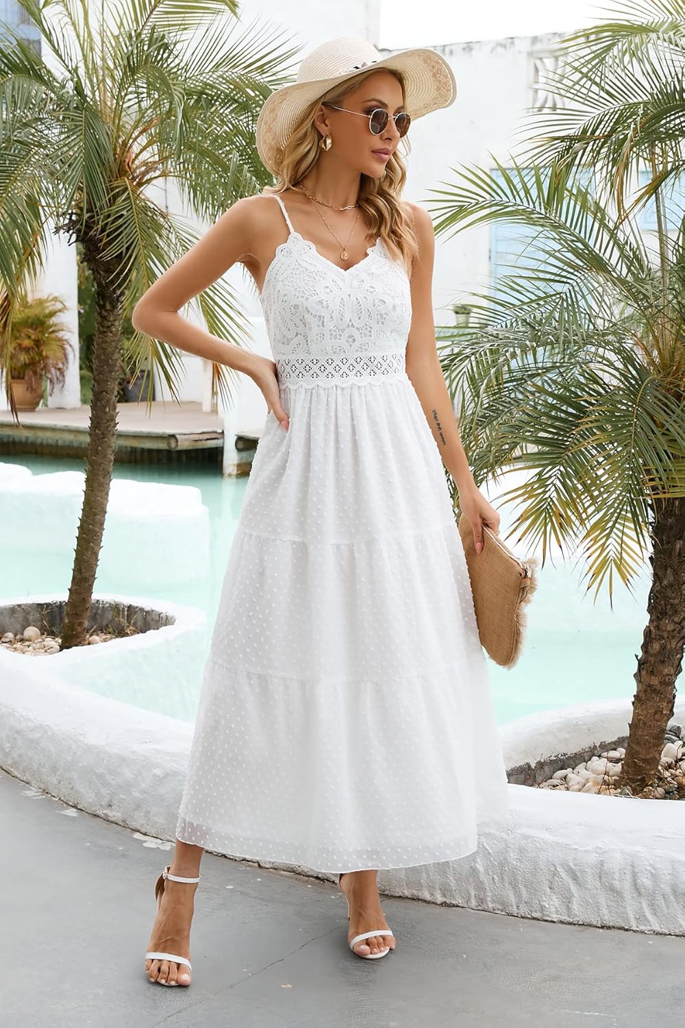 Dokuritu Women's Beach Crochet Lace Maxi Dress Solid Color Summer Vacation Spaghetti Strap Long Dress 2024