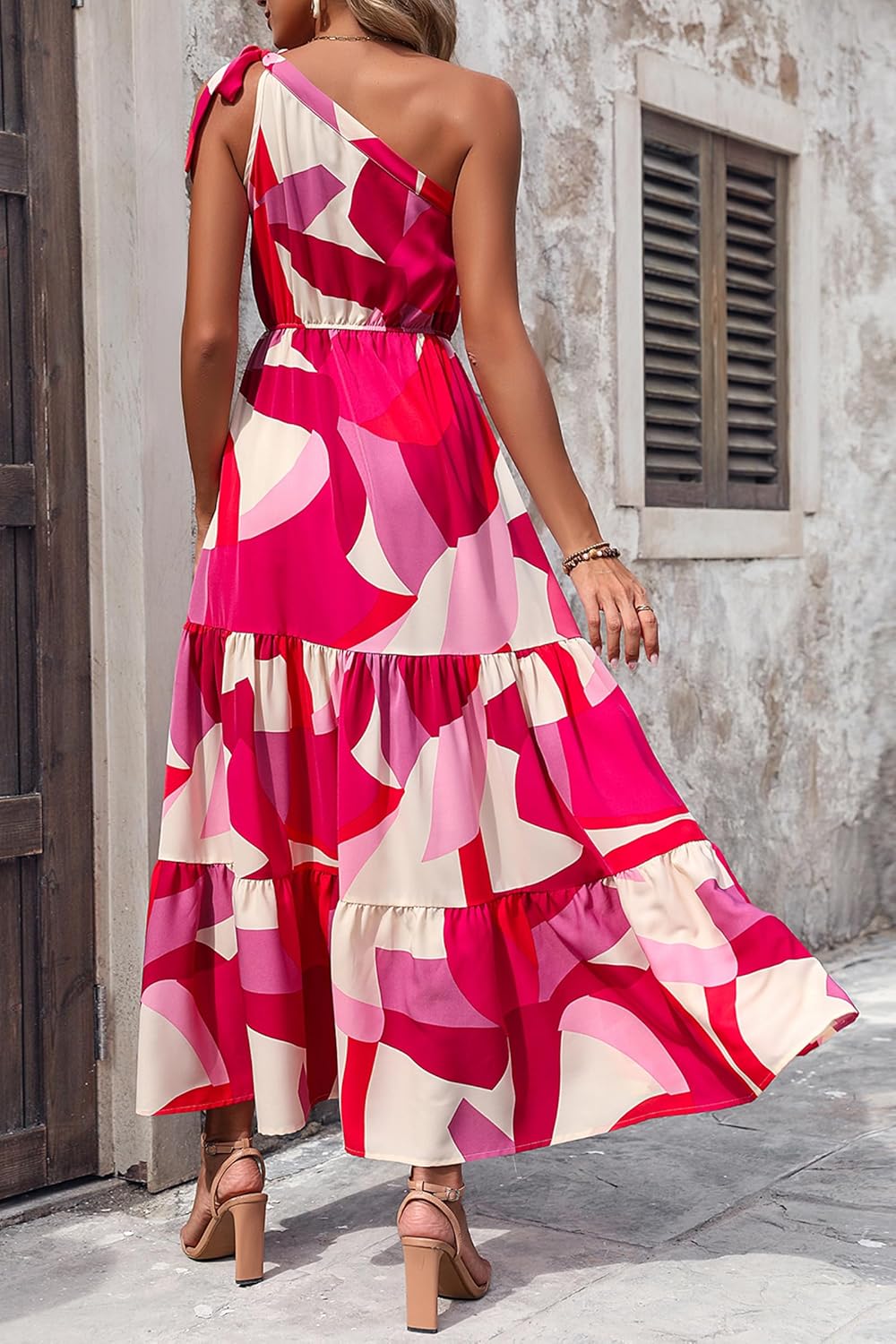 PRETTYGARDEN Women's Summer Floral Maxi Dress Knot One Shoulder Sleeveless Ruffle Flowy Boho Beach Wedding Guest Dresses