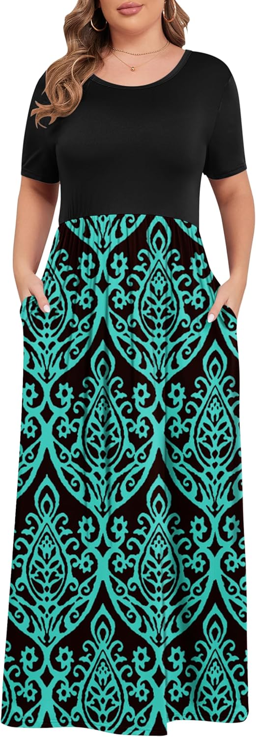 KARALIN Women’s Plus Size Maxi Dresses for Curvy Women Summer Casual Short Sleeve 2025 Long Dress 14W-26W