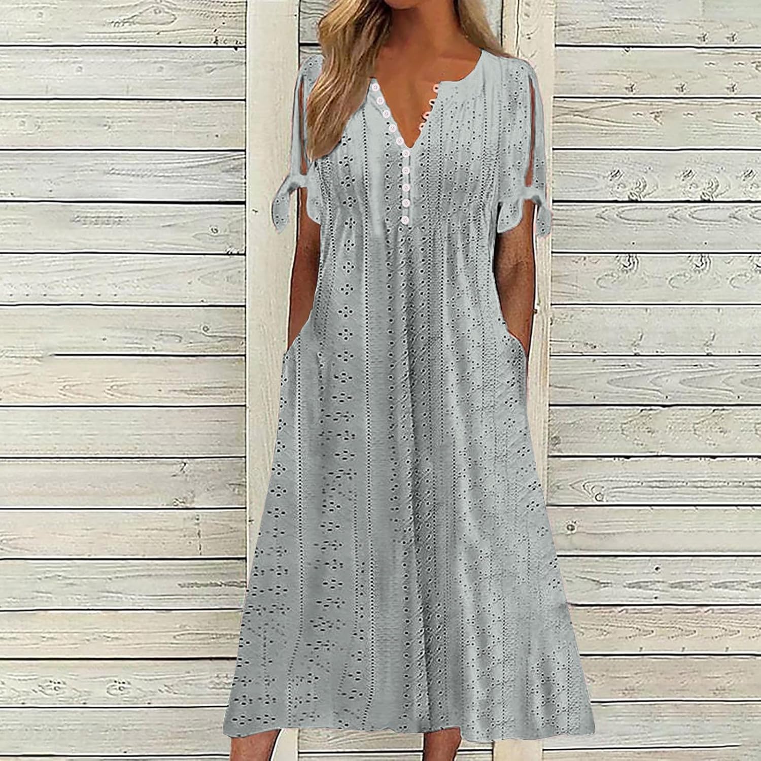 Boho Dresses for Women 2024 Fashion Summer Short Sleeve Eyelet Notch V Neck Sundress Beach Casual Maxi Long Dress