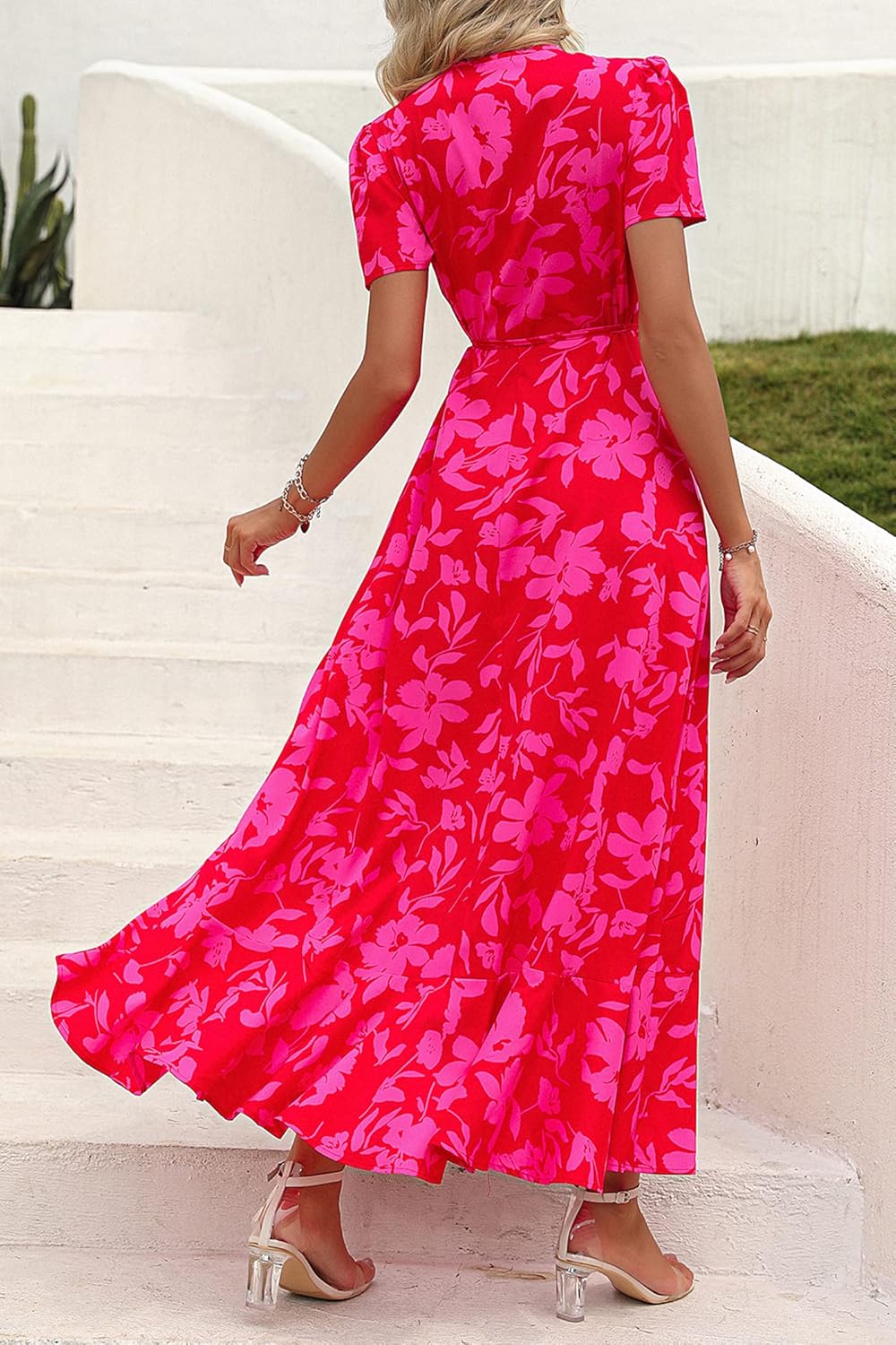 PRETTYGARDEN Women's Summer Wrap Maxi Dress Casual Short Sleeve Floral Boho V Neck Split Ruffle Beach Long Dresses
