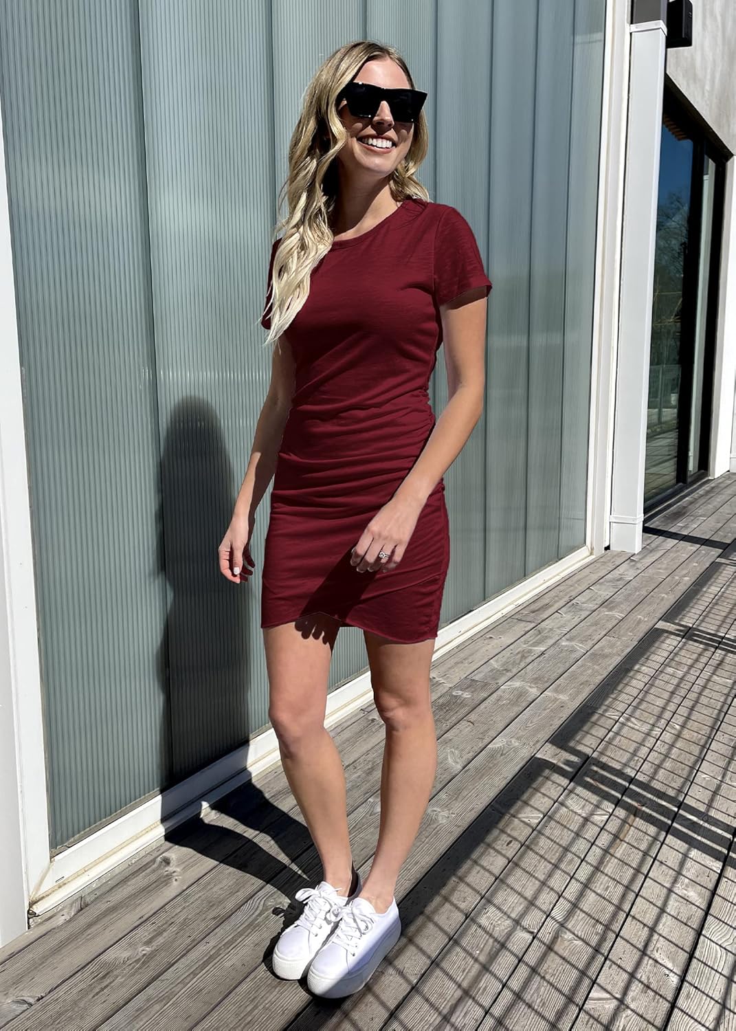 BTFBM Women's 2025 Summer Casual Beach Dresses Crew Neck Short Sleeve Wrap Party Club Mini Ruched Bodycon T Shirt Dress