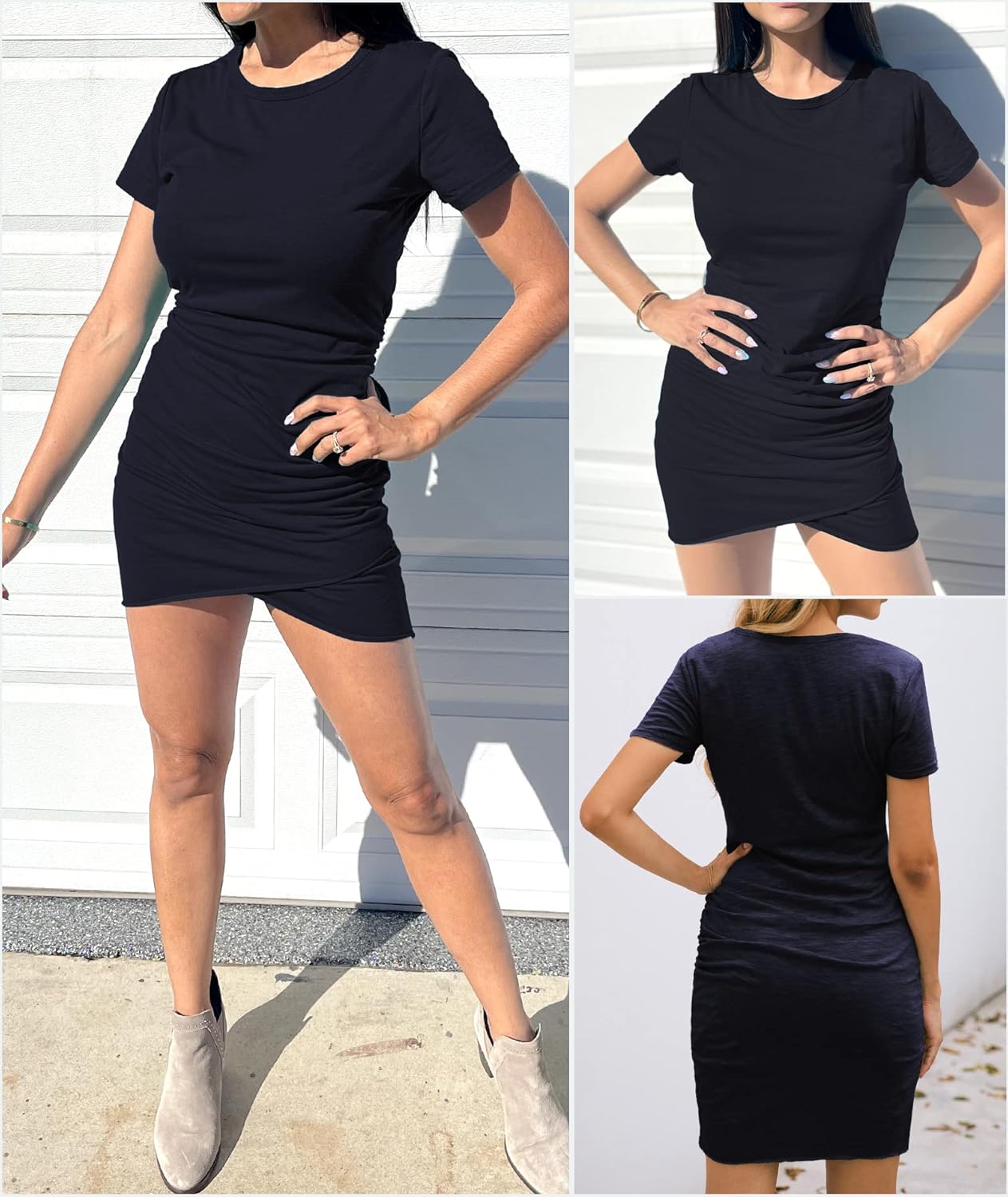BTFBM Women's 2025 Summer Casual Beach Dresses Crew Neck Short Sleeve Wrap Party Club Mini Ruched Bodycon T Shirt Dress