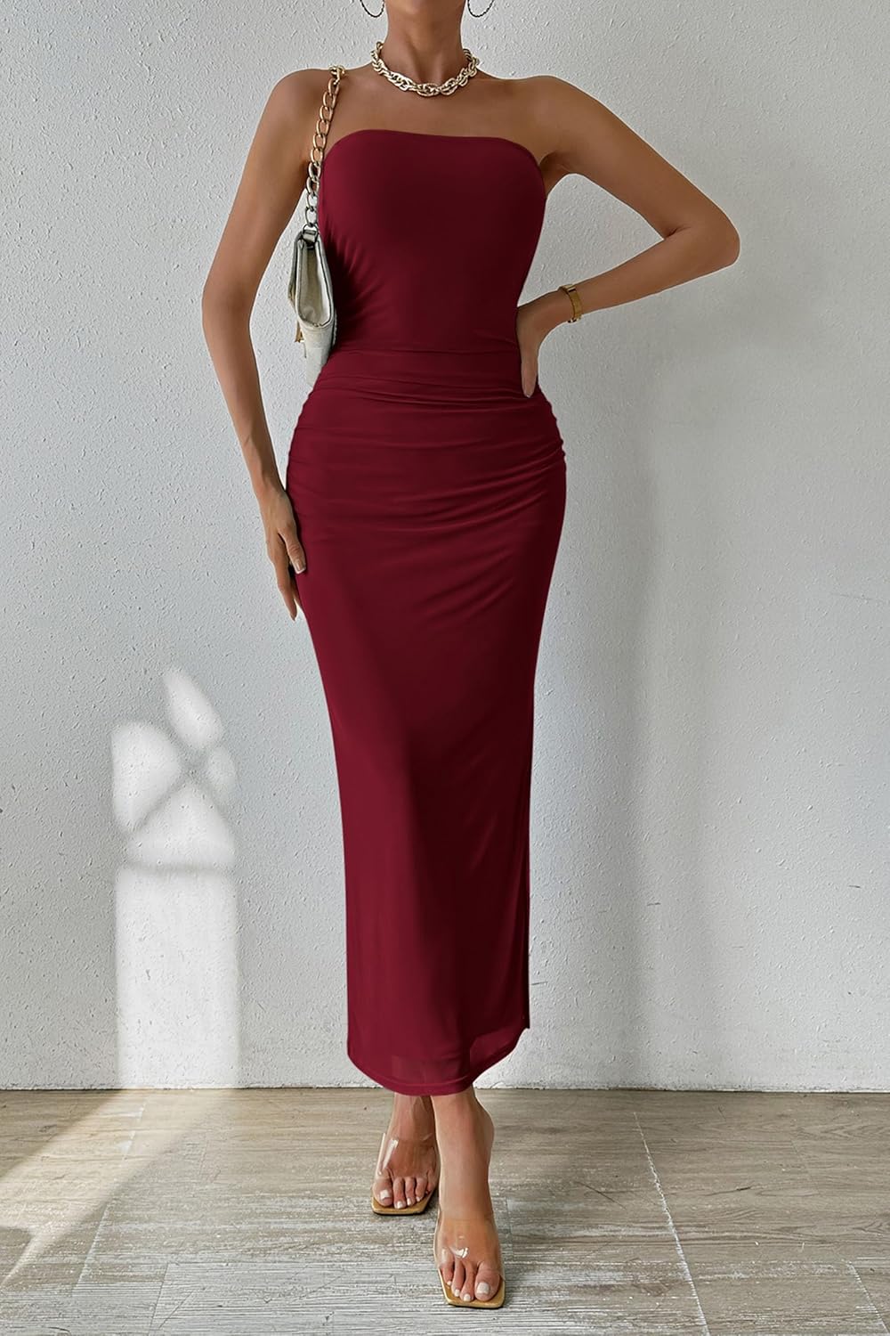 PRETTYGARDEN Women's Summer Maxi Bodycon Dresses Strapless Tube Top Printed Long Party Club Slit Dress