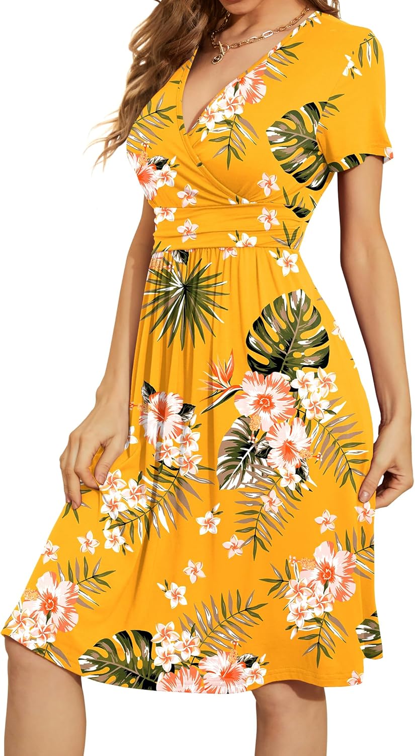 WEACZZY Women's Summer Short Sleeve Casual Dresses V-Neck Floral Party Dress with Pockets