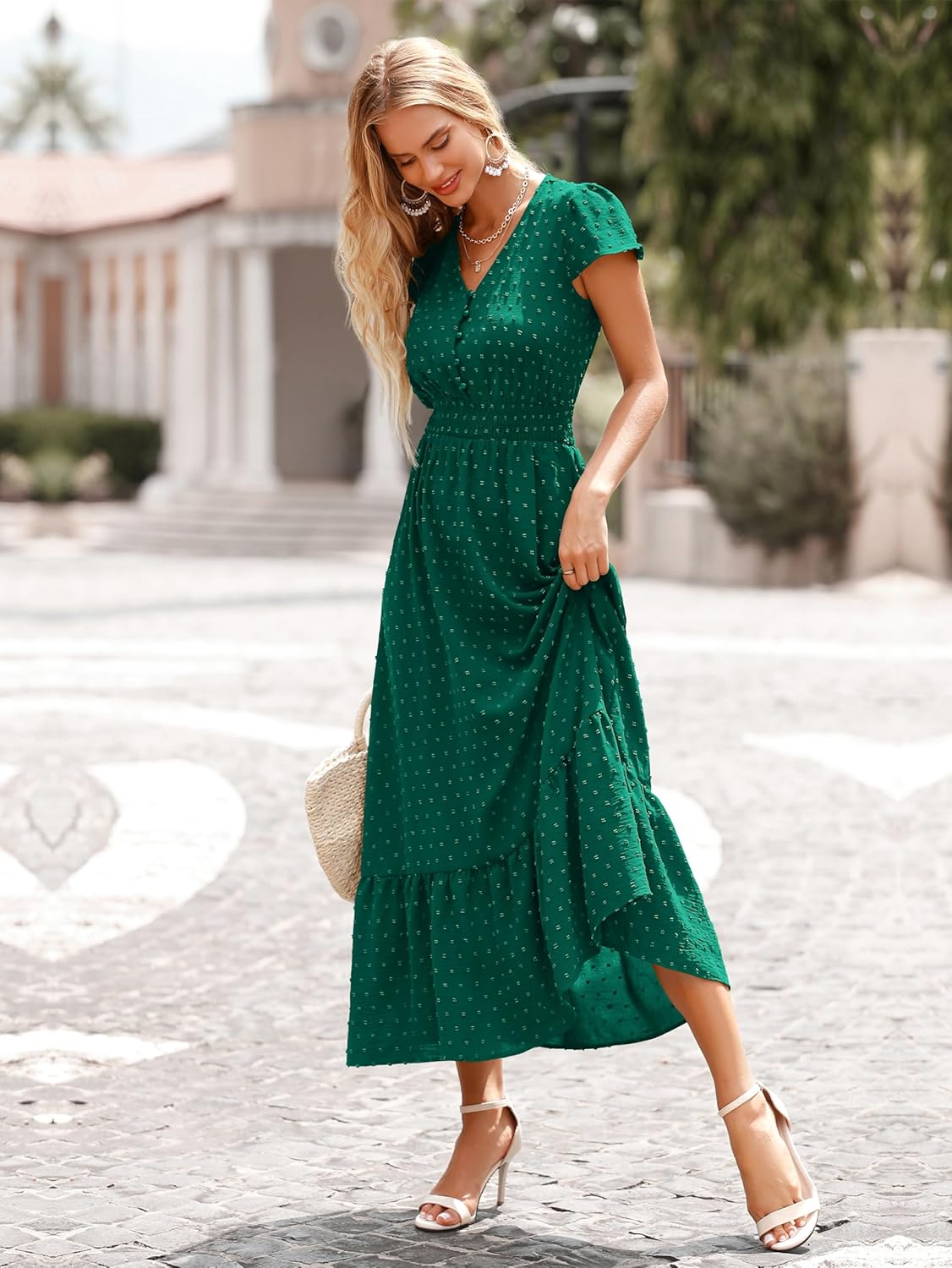 PRETTYGARDEN Womens Dresses 2025 Summer Maxi Dress Boho Short Sleeve V Neck Swiss Dot Ruffle Tiered Smocked Flowy Long Dress
