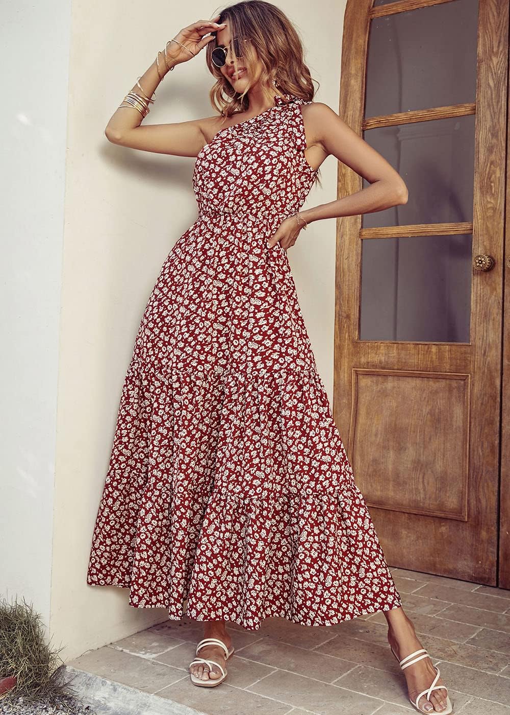 PRETTYGARDEN Women's Summer Floral Maxi Dress Knot One Shoulder Sleeveless Ruffle Flowy Boho Beach Wedding Guest Dresses
