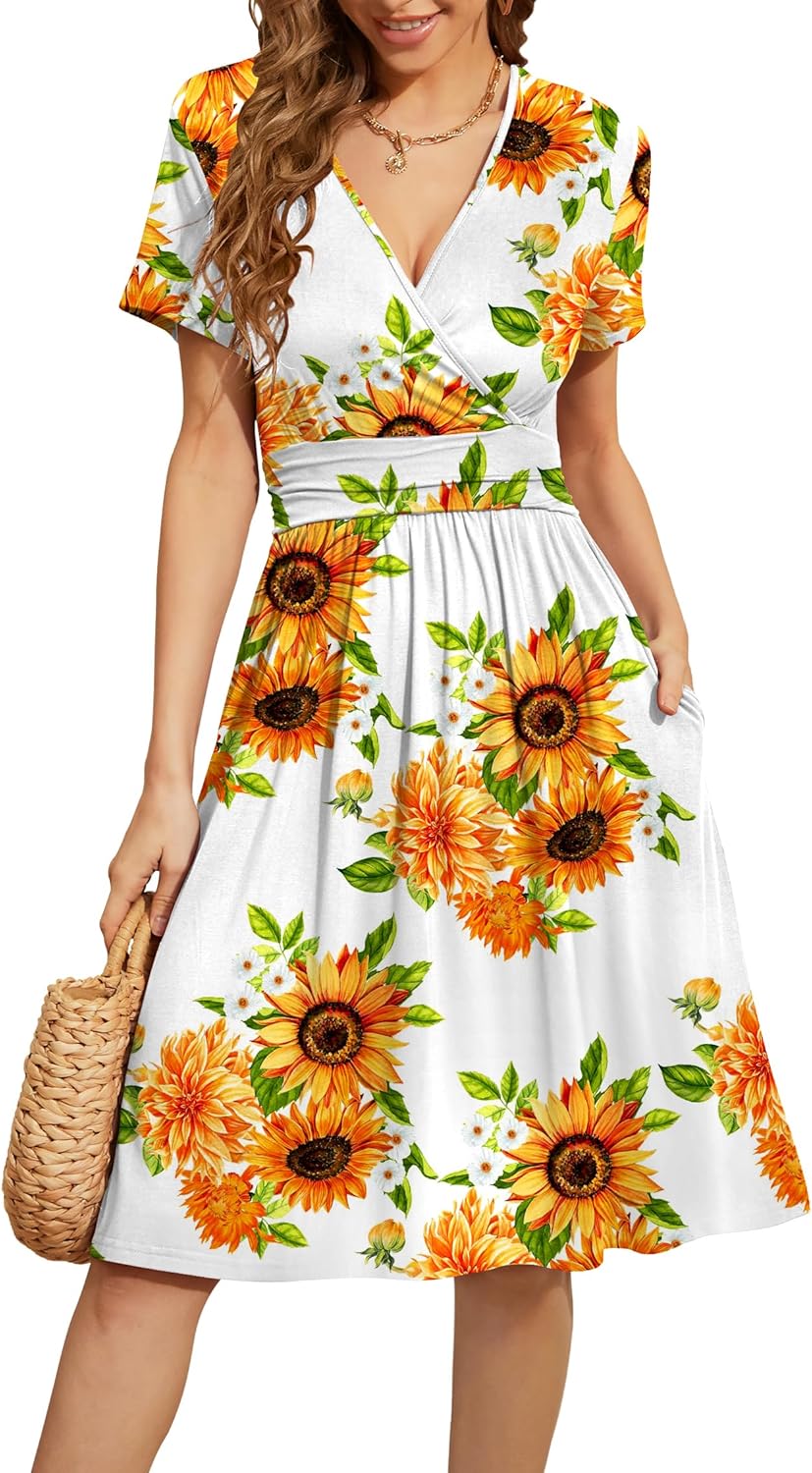 WEACZZY Women's Summer Short Sleeve Casual Dresses V-Neck Floral Party Dress with Pockets