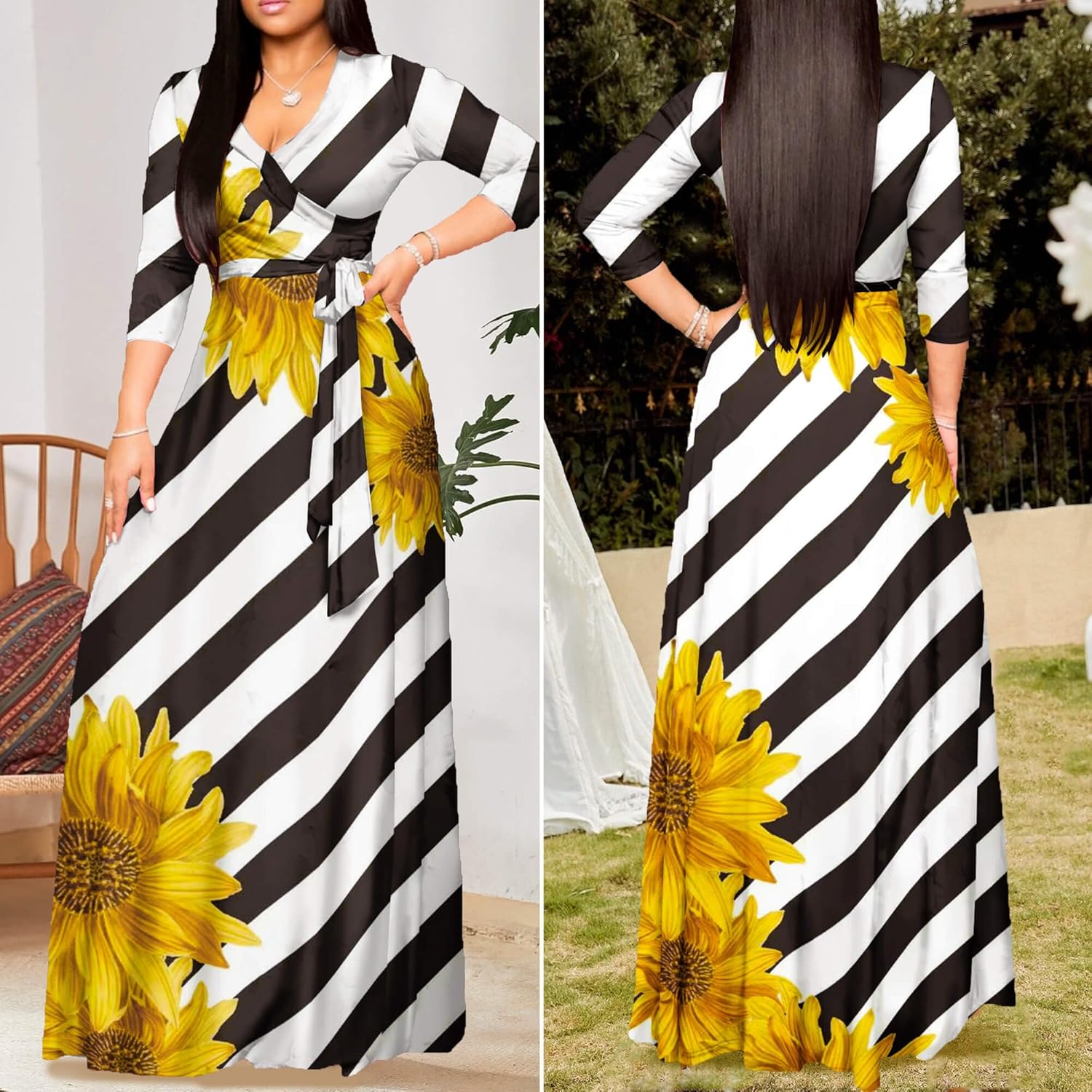 FANDEE Plus Size Maxi Dress for Women Casual Summer Sundress V-Neck 3/4 Sleeve