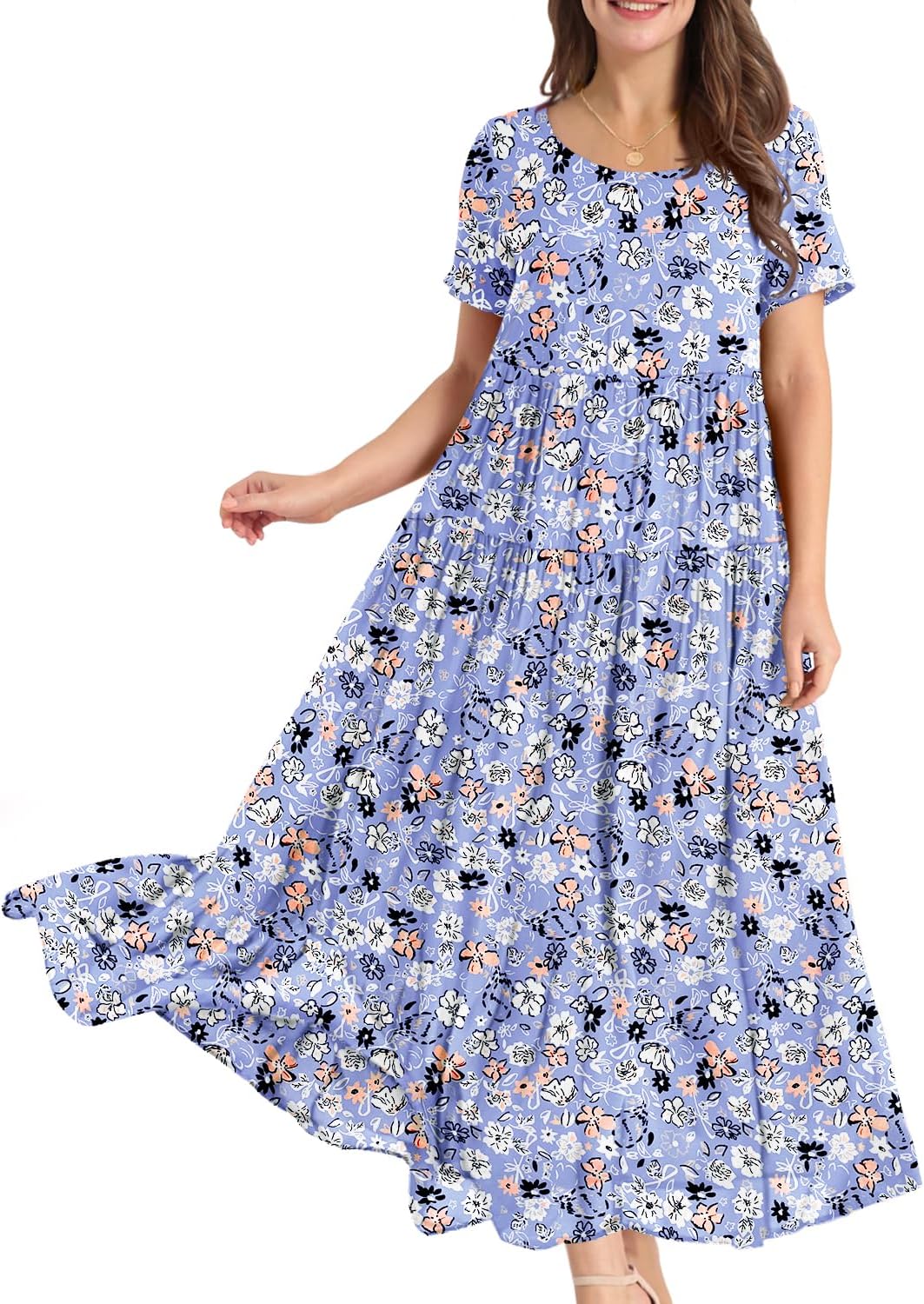 YESNO Women Casual Loose Bohemian Floral Dress with Pockets Short Sleeve Long Maxi Summer Beach Swing Dress EJF