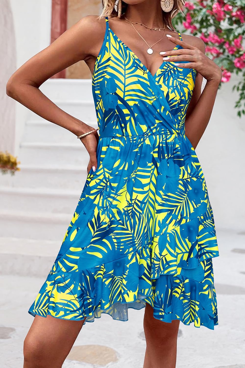 ULTRANICE Womens Summer Dresses Floral V Neck Ruffled Hem Spaghetti Spring Casual Beach Outfits Flowy Wrap Sun Dress