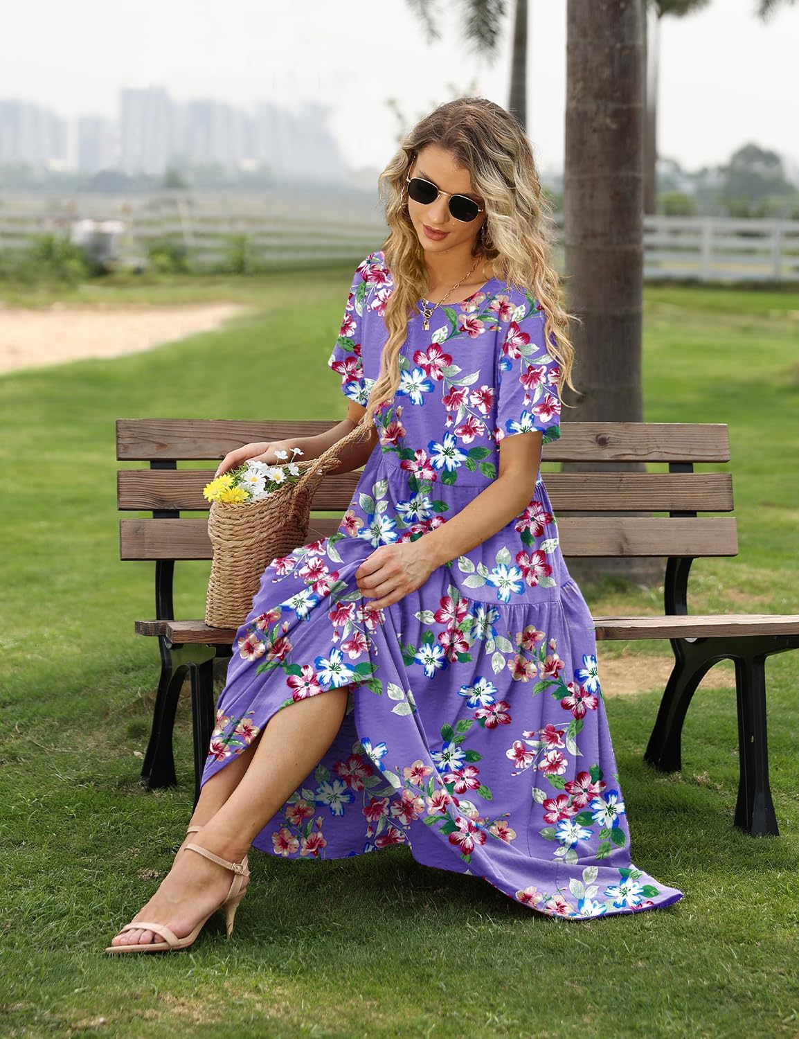 YESNO Women Casual Loose Bohemian Floral Dress with Pockets Short Sleeve Long Maxi Summer Beach Swing Dress EJF
