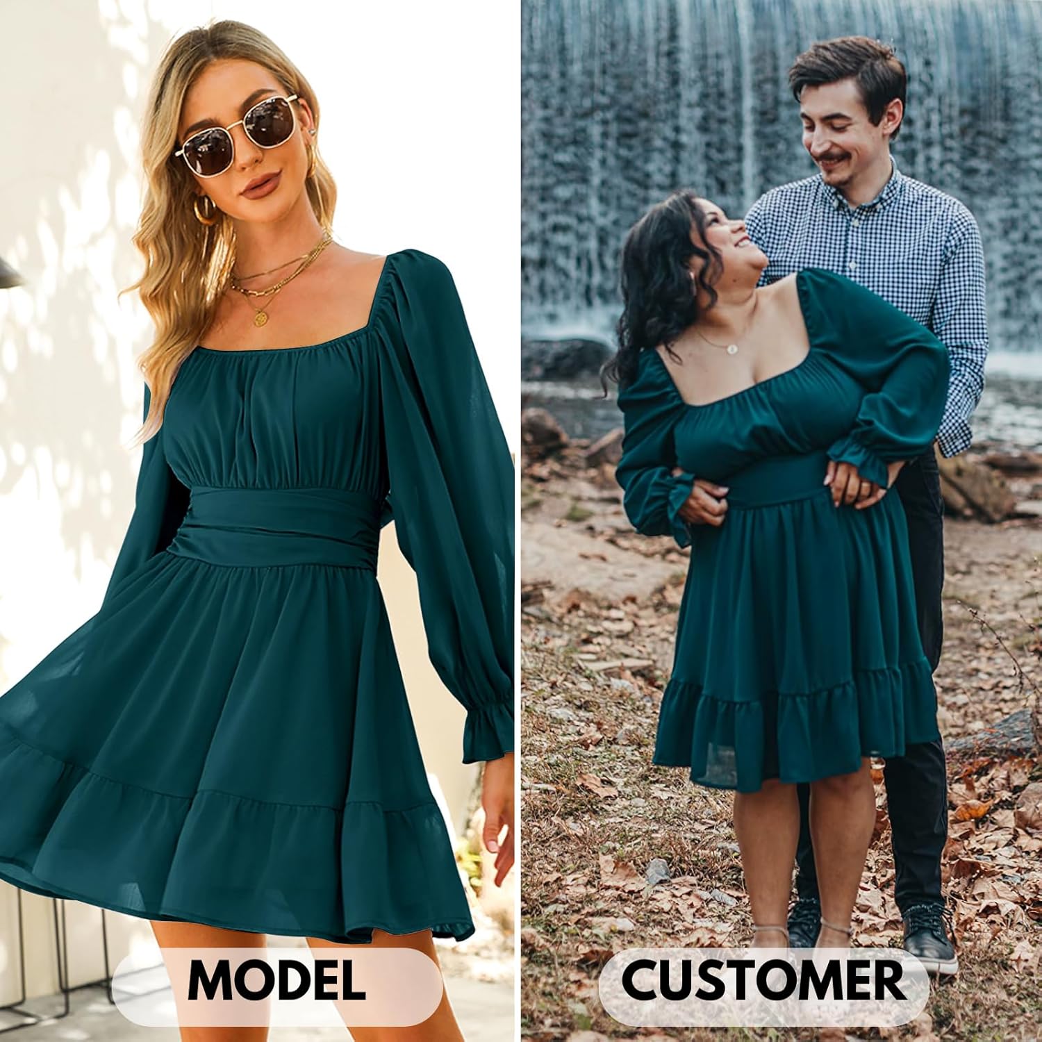 EXLURA Women's 2025 Casual Long Lantern Sleeve Dresses Square Neck Ruffle Tie Back Elastic Waist Aline Short Mini Dress