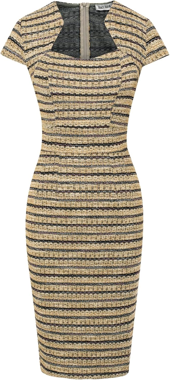 GRACE KARIN Women's Gorgeous Pencil Dress Cap Sleeve Tweed Pencil Dress for Work