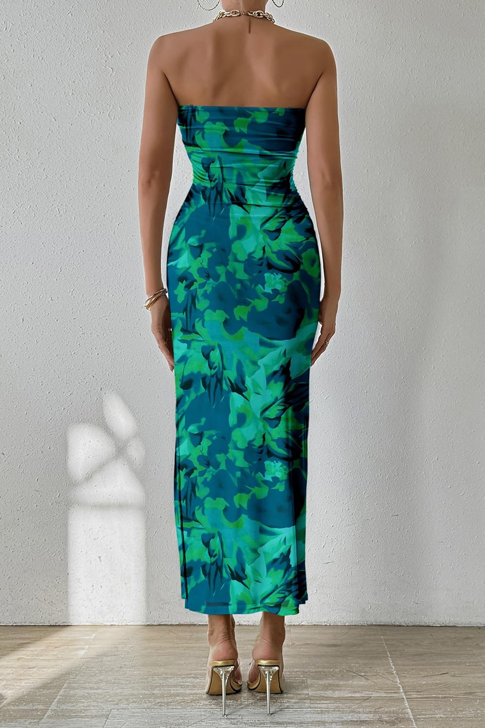 PRETTYGARDEN Women's Summer Maxi Bodycon Dresses Strapless Tube Top Printed Long Party Club Slit Dress