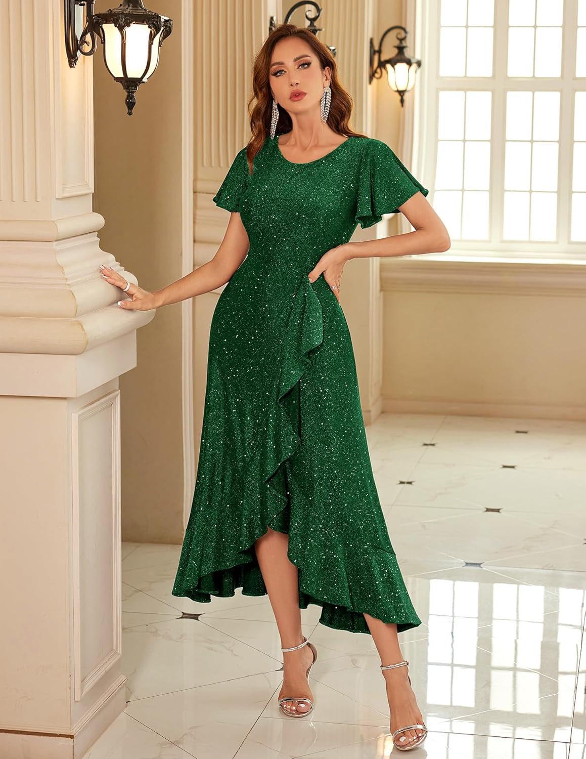 BeryLove Women Sequin Formal Party Dress Flutter Short Sleeve Wedding Cocktail Long Evening Dress