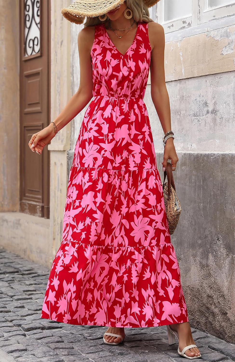 BTFBM Women Summer Dresses Casual Sleeveless Maxi Dresses Cute Floral Long Dress Wedding Guest Dress