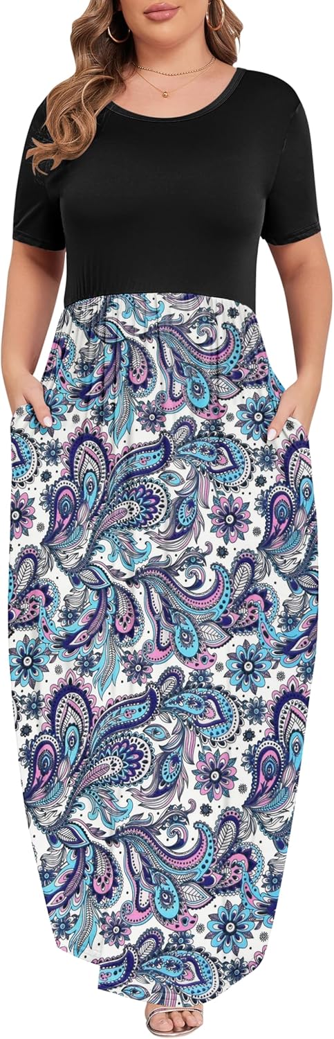 KARALIN Women’s Plus Size Maxi Dresses for Curvy Women Summer Casual Short Sleeve 2025 Long Dress 14W-26W