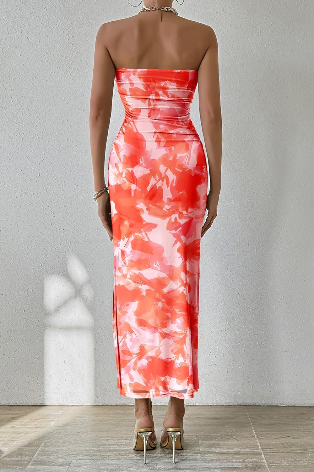 PRETTYGARDEN Women's Summer Maxi Bodycon Dresses Strapless Tube Top Printed Long Party Club Slit Dress