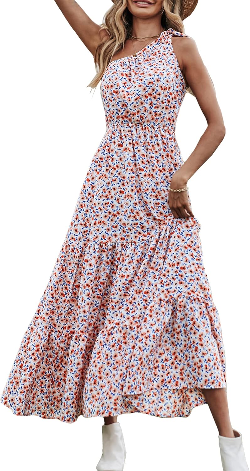 PRETTYGARDEN Women's Summer Floral Maxi Dress Knot One Shoulder Sleeveless Ruffle Flowy Boho Beach Wedding Guest Dresses