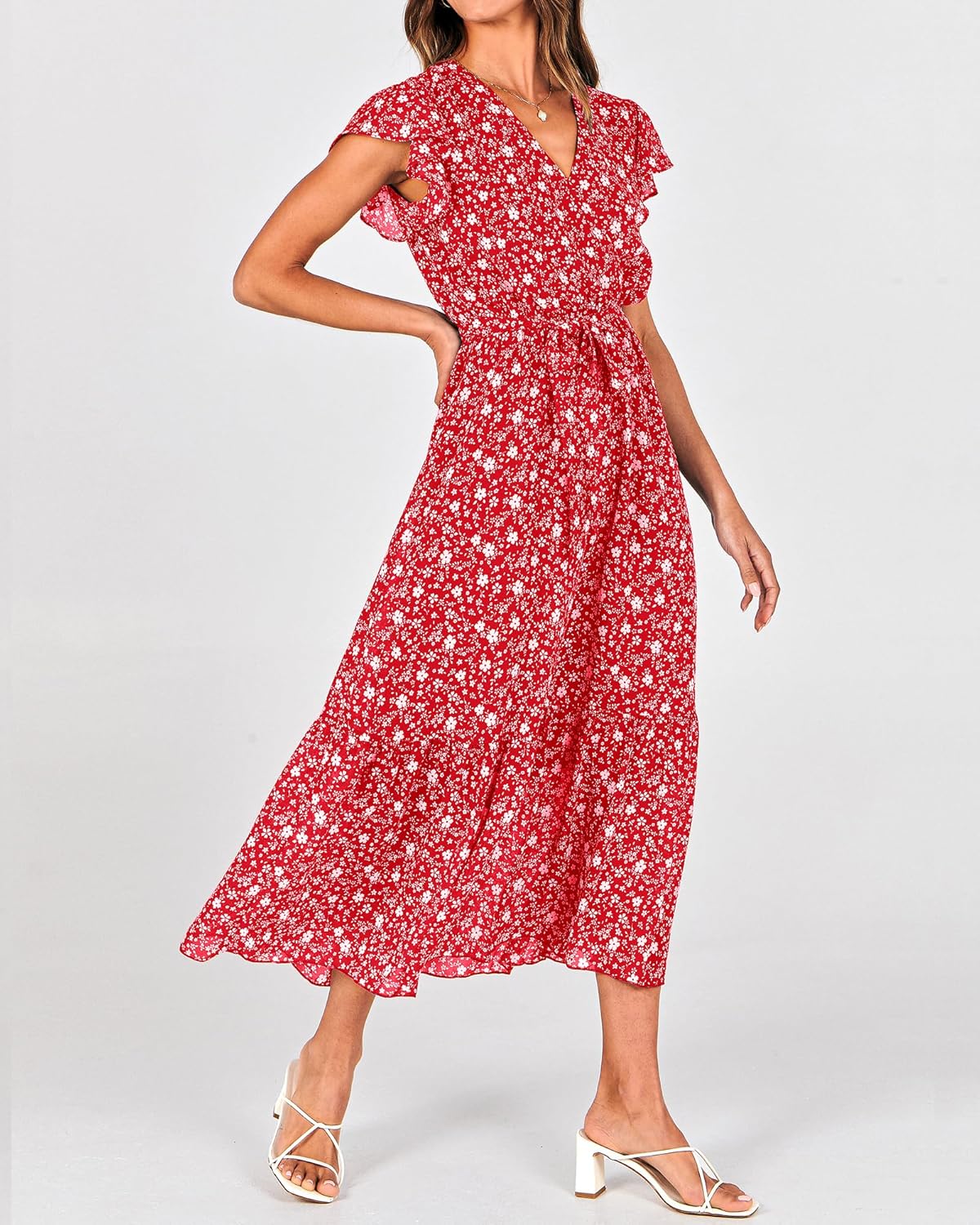 BTFBM Women Summer Bohemian Floral Casual Wrap V Neck Ruffle Cap Sleeveless Belt A-Line Pleated Hem Midi Sun Dress White