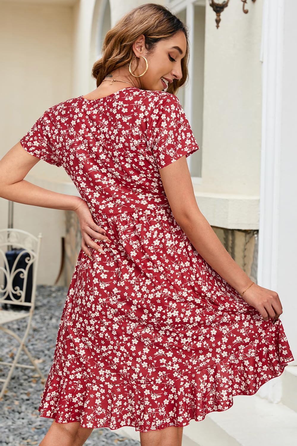 ULTRANICE Womens Summer Dresses Floral V Neck Ruffled Hem Spaghetti Spring Casual Beach Outfits Flowy Wrap Sun Dress