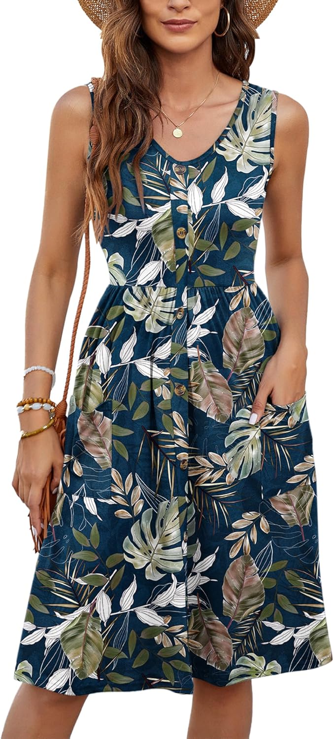 MOLERANI Women Summer Dresses Sleeveless Casual Loose Swing Button Down Midi Dress with Pockets