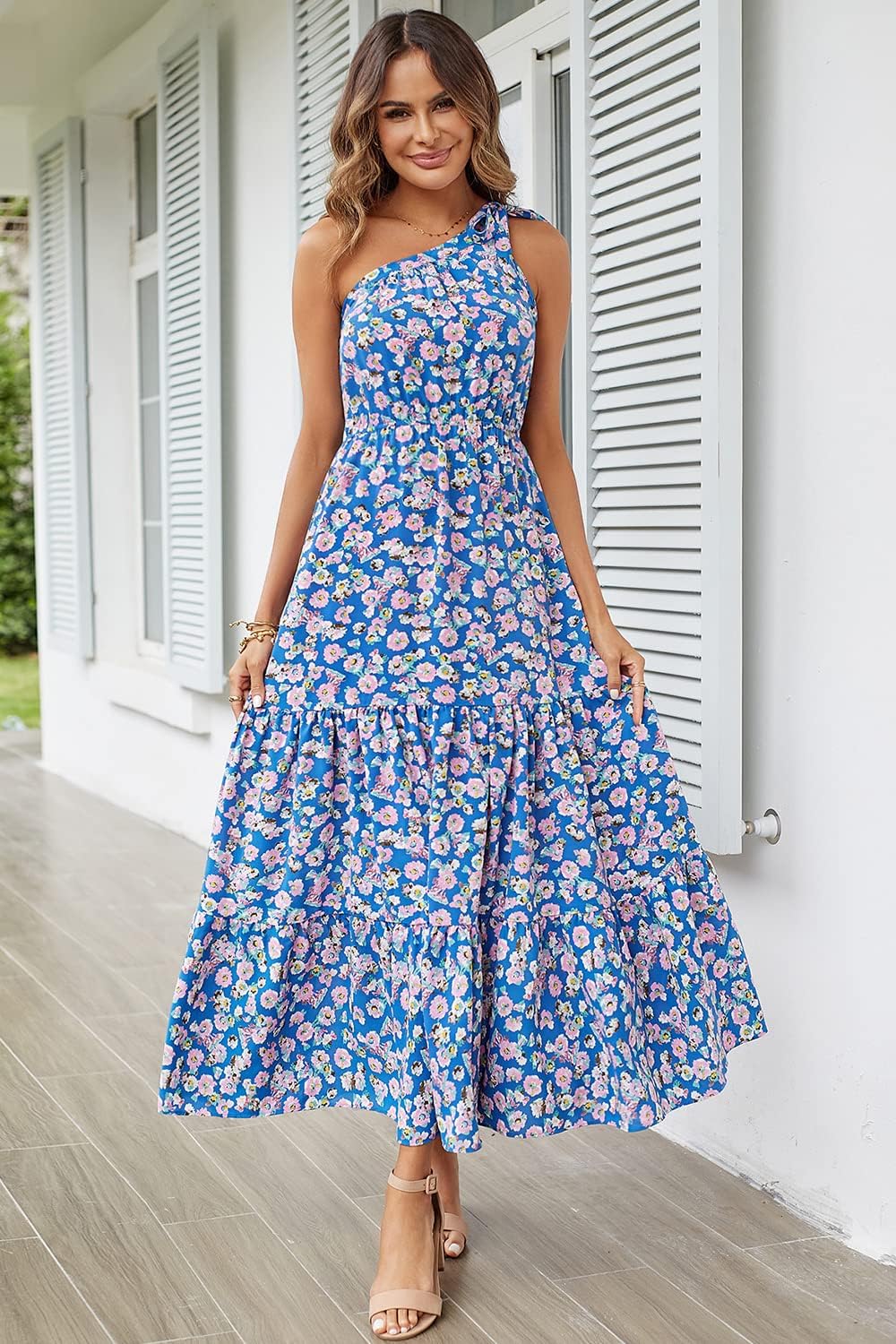 PRETTYGARDEN Women's Summer Floral Maxi Dress Knot One Shoulder Sleeveless Ruffle Flowy Boho Beach Wedding Guest Dresses