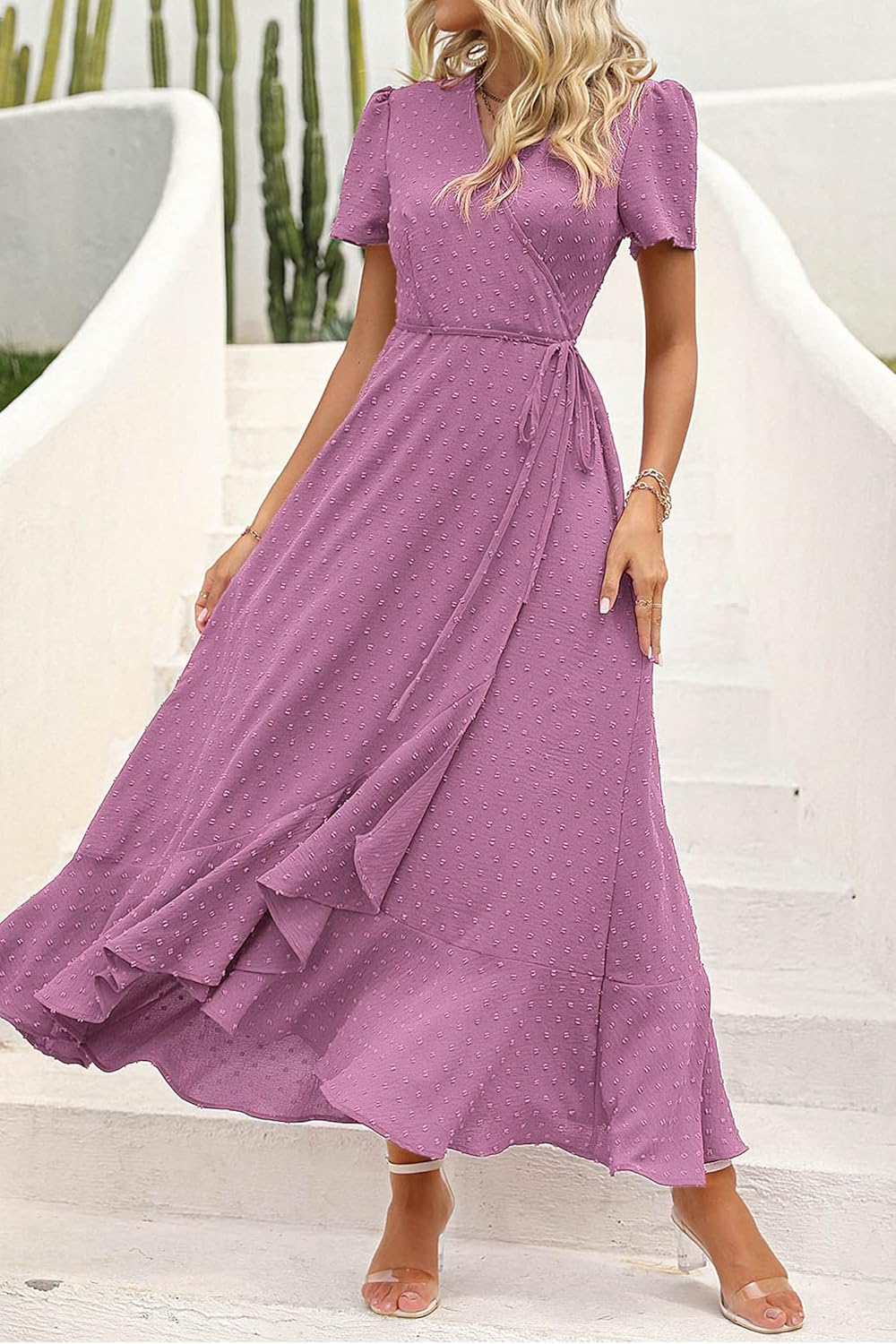 PRETTYGARDEN Women's Summer Wrap Maxi Dress Casual Short Sleeve Floral Boho V Neck Split Ruffle Beach Long Dresses