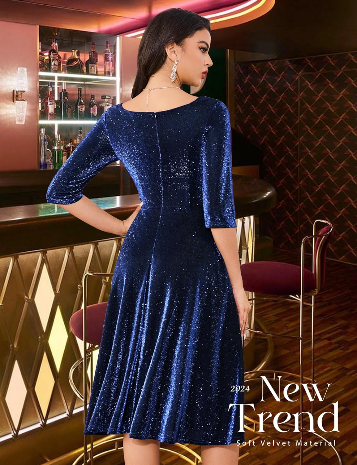 Dressystar Womens Long-Sleeve Wedding Guest Dress A-Line Lace Formal Party Cocktail Midi Dress Prom Gown