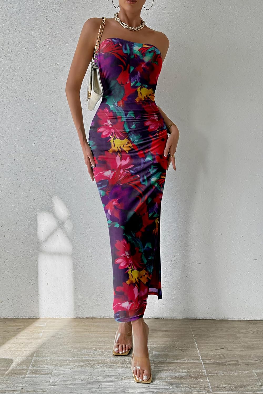 PRETTYGARDEN Women's Summer Maxi Bodycon Dresses Strapless Tube Top Printed Long Party Club Slit Dress