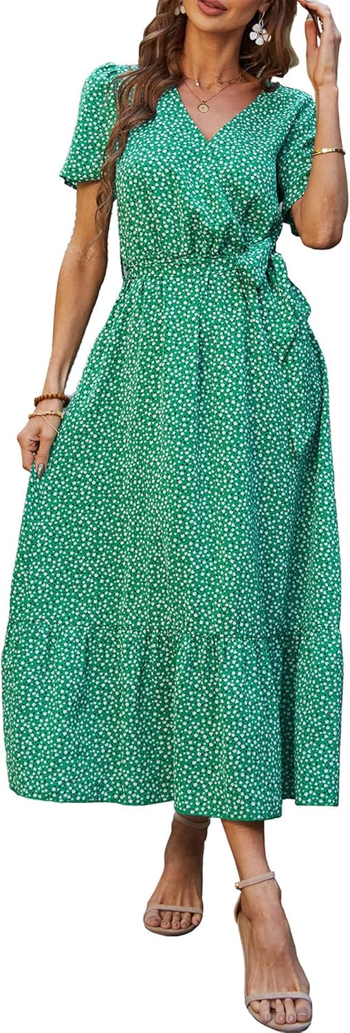 PRETTYGARDEN Women's Summer Floral Boho Dress Wrap V Neck Short Sleeve Ruffle A-Line Flowy Maxi Wedding Guest Dresses