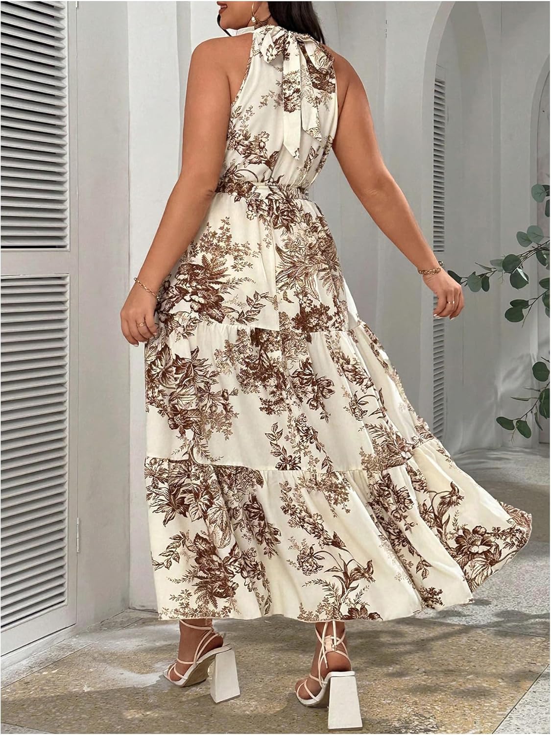 Floerns Women's Plus Size Boho Sleeveless Halter Neck Tie Back A Line Long Dress