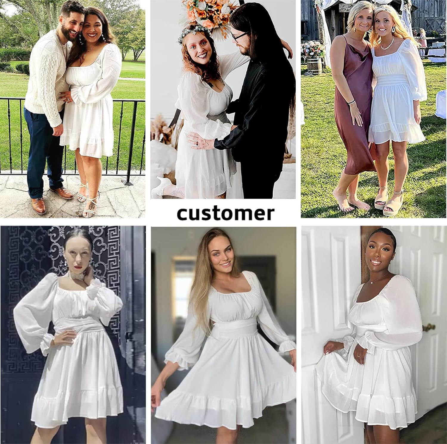 EXLURA Women's 2025 Casual Long Lantern Sleeve Dresses Square Neck Ruffle Tie Back Elastic Waist Aline Short Mini Dress