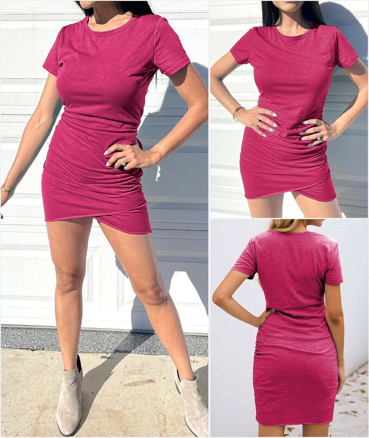 BTFBM Women's 2025 Summer Casual Beach Dresses Crew Neck Short Sleeve Wrap Party Club Mini Ruched Bodycon T Shirt Dress