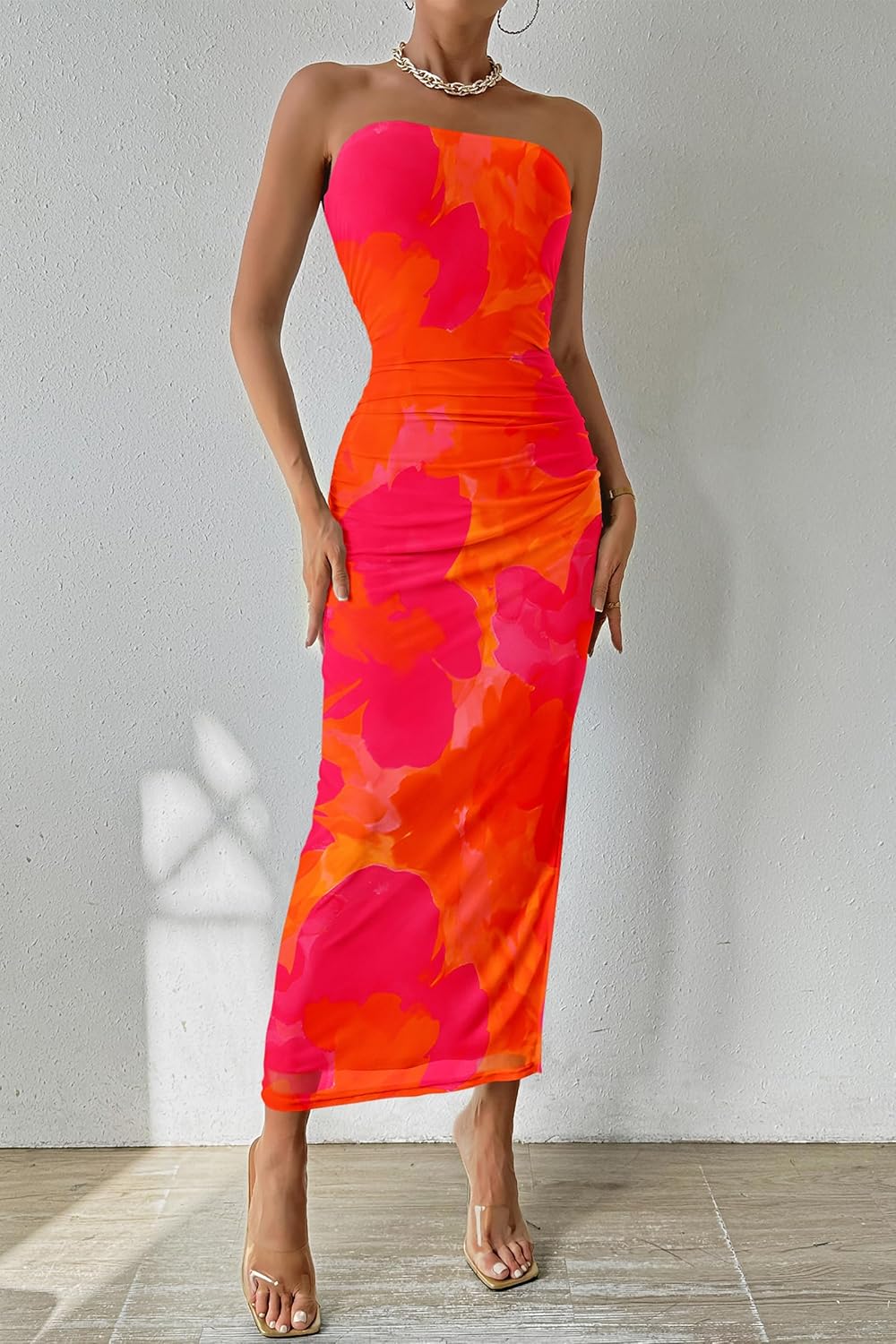 PRETTYGARDEN Women's Summer Maxi Bodycon Dresses Strapless Tube Top Printed Long Party Club Slit Dress