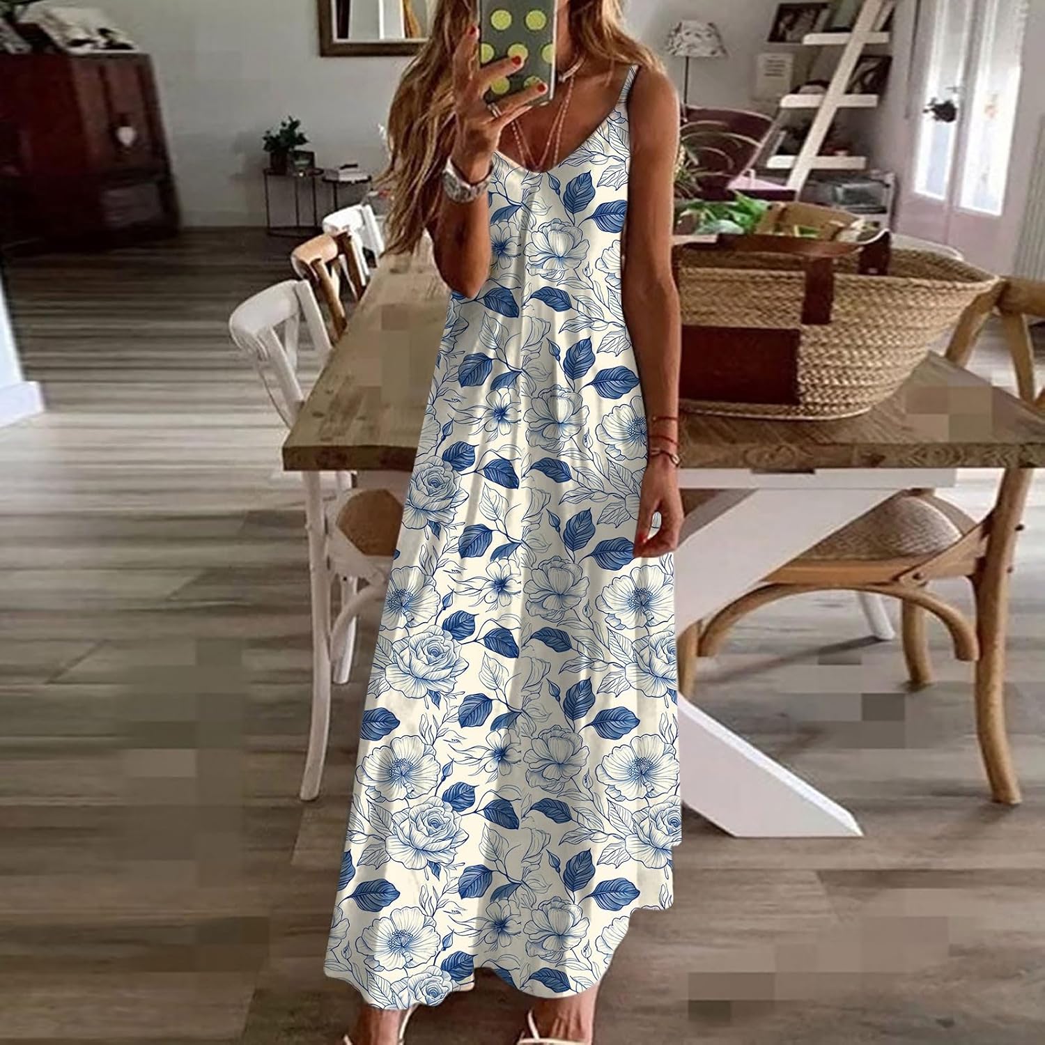Womens Floral Maxi Dresses Spaghetti Strap Casual Summer Long Dress Vneck Flowy Boho Beach Sundress Vacation Outfits