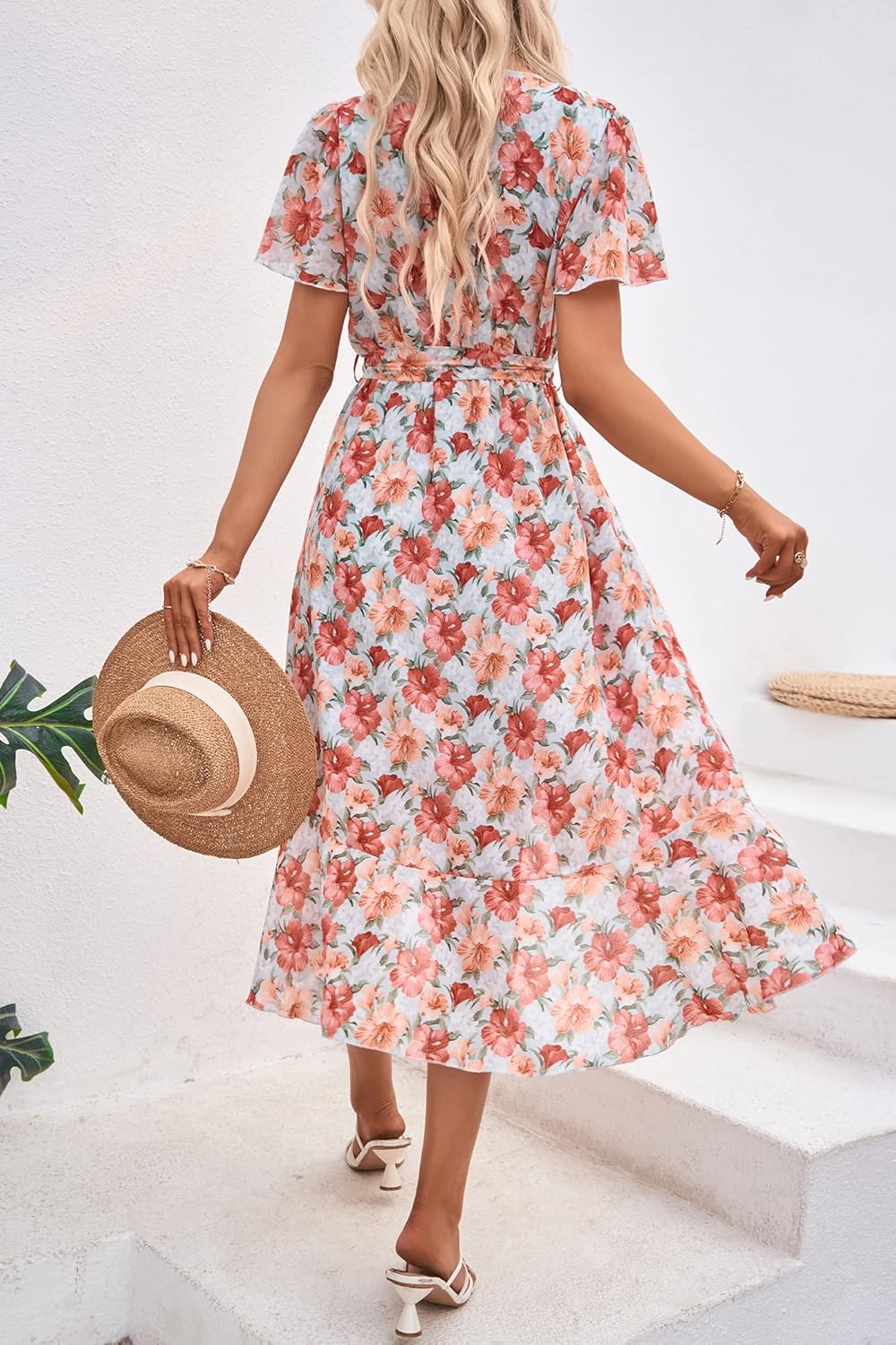 PRETTYGARDEN Women's Summer Floral Boho Dress Wrap V Neck Short Sleeve Ruffle A-Line Flowy Maxi Wedding Guest Dresses
