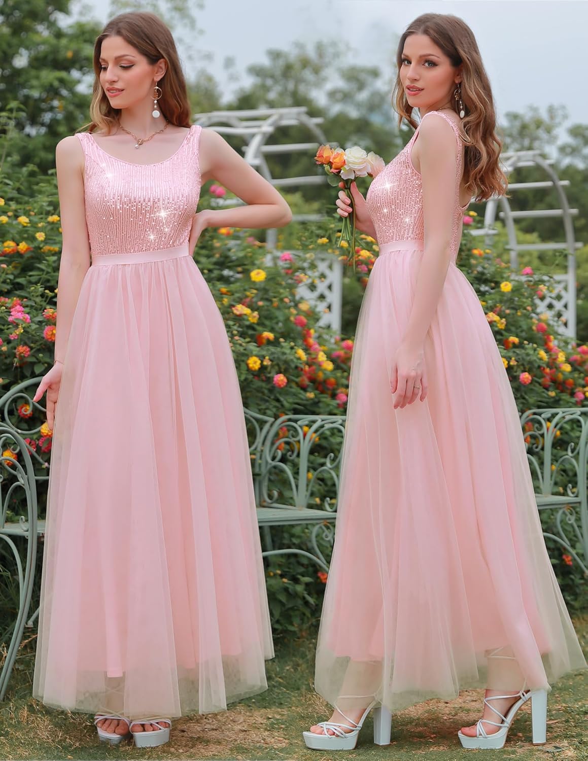 BeryLove Sequin Dress for Woman Vintage A Line Wedding Formal Swing Mesh Dress Sleeveless Cocktail Maxi Gowns