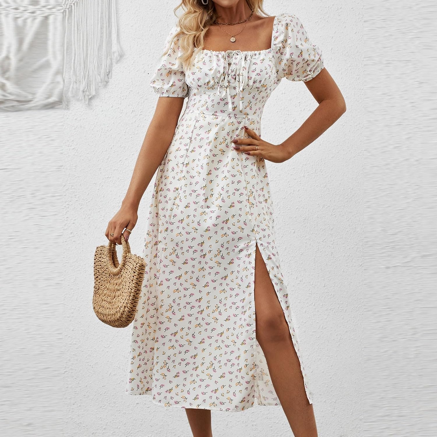 Women's Sundresses 2025 Summer Casual Loose Trendy Bubble Sleeve Square Neck Split Bow Floral Print Dress Plus Size, XS-3XL