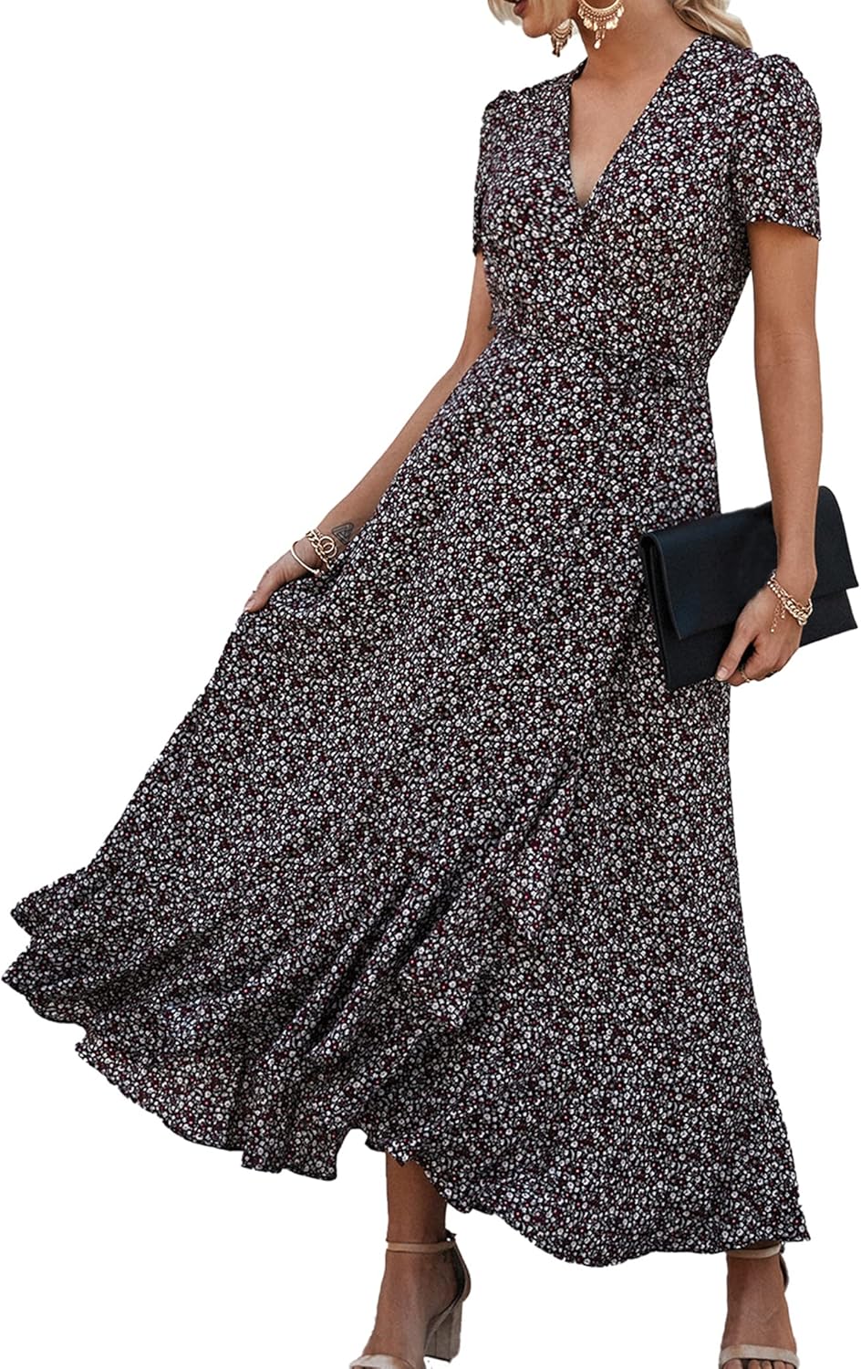 PRETTYGARDEN Women's Summer Wrap Maxi Dress Casual Short Sleeve Floral Boho V Neck Split Ruffle Beach Long Dresses