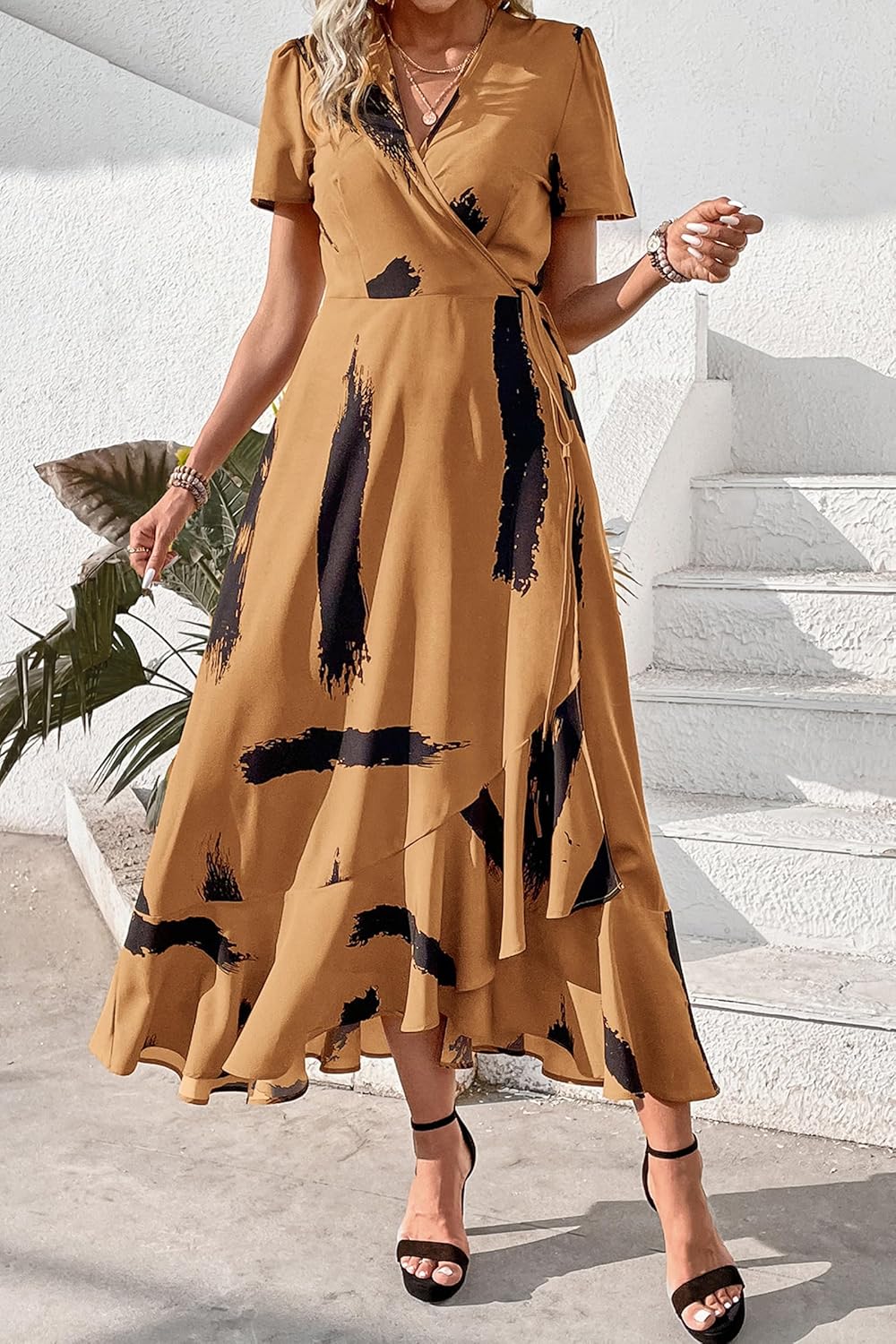 PRETTYGARDEN Women's Summer Wrap Maxi Dress Casual Short Sleeve Floral Boho V Neck Split Ruffle Beach Long Dresses